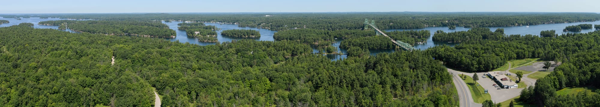 Eleven-segment panoramic view to the northwest from the 1000 Islands Tower, Hill Island, Ontario.