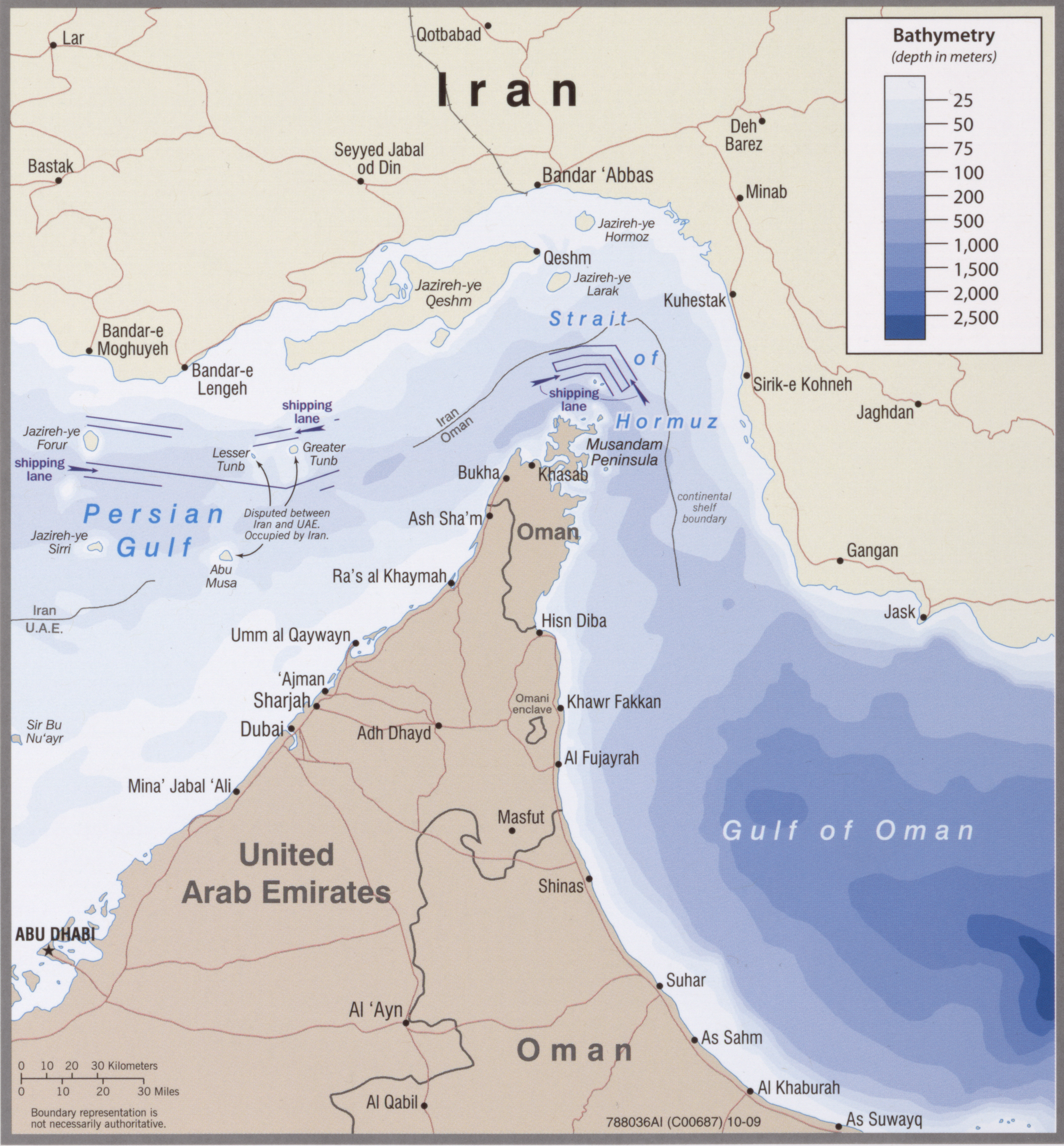 Map key – bathymetryInfo-graphic about Iran prepared by the United States Central Intelligence Agency in 2009, including a text overview and general map of Iran, with inset maps comparing the size of Iran and the eastern United States and a location map of Iran on an orthographic projection, and a list of major historical events between 1908 and 2009. Also included are a relief map of Iran's regional physiography, population density, and ethno-religious distribution, together with inset maps of Iran's "key petroleum sector facilities", its "southern Caspian energy prospects", and the Straits of Hormuz.