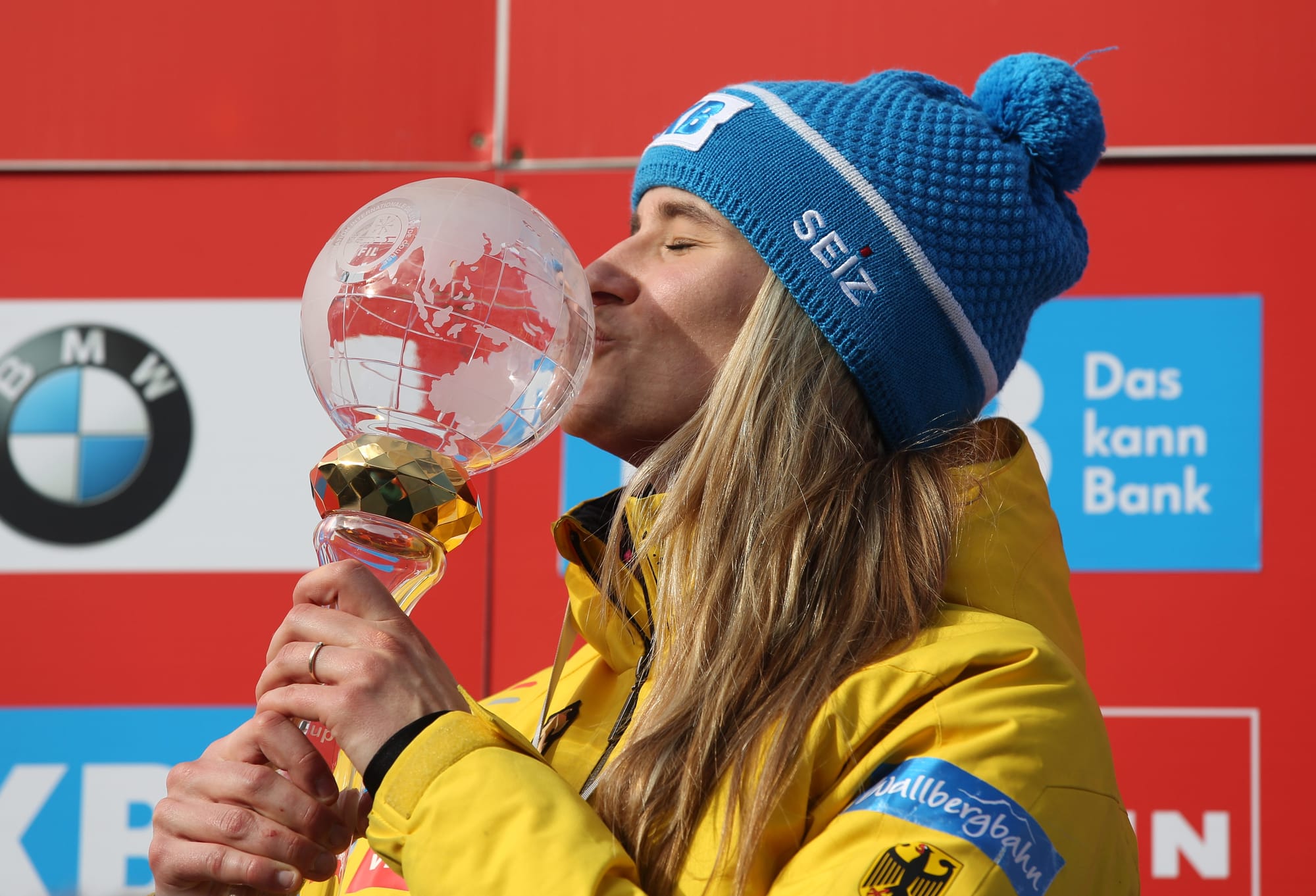 Natalie Geisenberger with the Globe for the Overall World Cup winner at the award ceremony at the Luge World Cup in Altenberg 2017