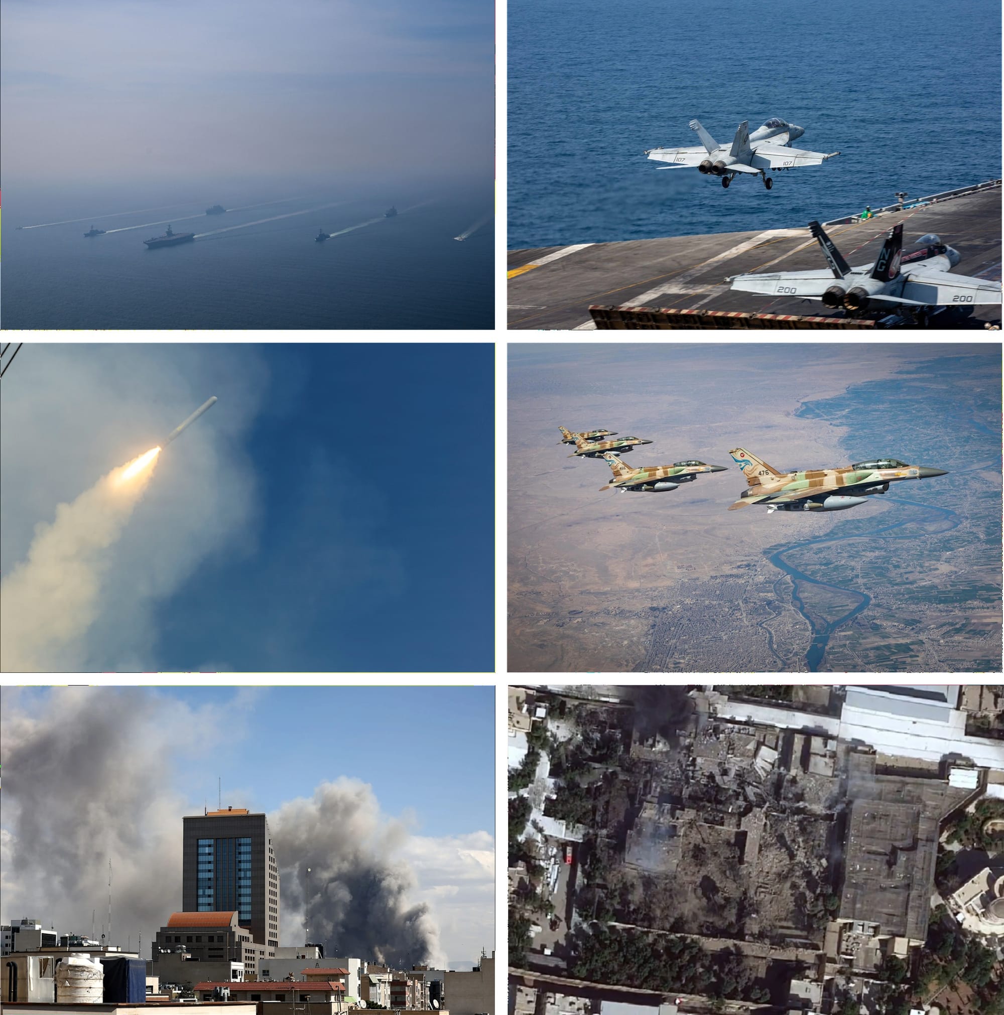 Collage of photographs from the United States–Israel war with Iran. Left column (top to bottom): the Abraham Lincoln Carrier Strike Group in the Arabian Sea, February 6, 2026; the launch of a Tomahawk missile from the destroyer USS Delbert D. Black, February 28, 2026; dense black clouds of smoke rising over Tehran, March 3, 2026. Right column (top to bottom): a U.S. Navy Super Hornet taking off from the aircraft carrier USS Abraham Lincoln, February 27, 2026; a formation of Israeli Air Force F-16 fighter jets flying over Deir ez-Zor, heading toward Iran, March 4, 2026; the residence of Ayatollah Khamenei in Tehran after a U.S. airstrike, February 28, 2026.