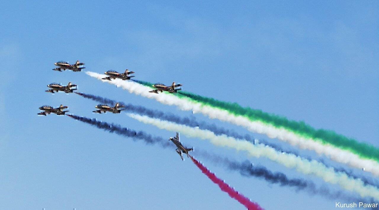 The Aermacchi MB-339 is an Italian military trainer and light attack aircraft. It was developed as a replacement for the earlier MB-326.
These aircraft belong to the Al Fursan aerobatic demonstration team of the United Arab Emirates Air Force, formed in 2010.
The Al Fursan (Knights) team is seen here making the UAE flag.
Like my Facebook fan page: www.facebook.com/KurushPawarPlaneSpotting