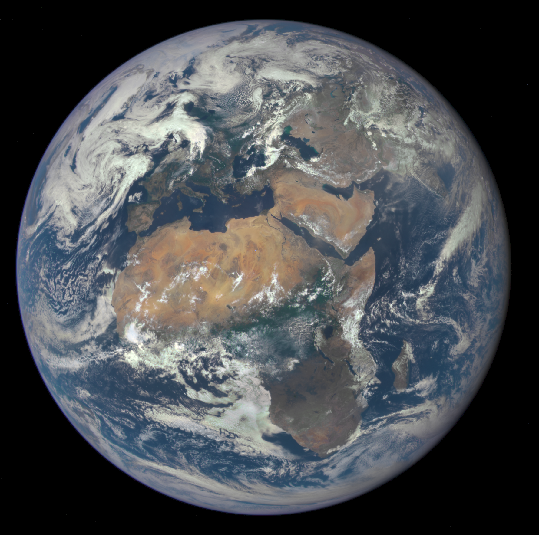 July 29, 2015
Africa and Europe from a Million Miles Away
http://www.nasa.gov/image-feature/africa-and-europe-from-a-million-miles-away
Africa is front and center in this image of Earth taken by a NASA camera on the Deep Space Climate Observatory (DSCOVR) satellite. The image, taken July 6 from a vantage point one million miles from Earth, was one of the first taken by NASA’s Earth Polychromatic Imaging Camera (EPIC).
Central Europe is toward the top of the image with the Sahara Desert to the south, showing the Nile River flowing to the Mediterranean Sea through Egypt. The photographic-quality color image was generated by combining three separate images of the entire Earth taken a few minutes apart. The camera takes a series of 10 images using different narrowband filters -- from ultraviolet to near infrared -- to produce a variety of science products. The red, green and blue channel images are used in these Earth images.
The DSCOVR mission is a partnership between NASA, the National Oceanic and Atmospheric Administration (NOAA) and the U.S. Air Force, with the primary objective to maintain the nation’s real-time solar wind monitoring capabilities, which are critical to the accuracy and lead time of space weather alerts and forecasts from NOAA.

DSCOVR was launched in February to its planned orbit at the first Lagrange point or L1, about one million miles from Earth toward the sun. It’s from that unique vantage point that the EPIC instrument is acquiring images of the entire sunlit face of Earth. Data from EPIC will be used to measure ozone and aerosol levels in Earth’s atmosphere, cloud height, vegetation properties and a variety of other features.