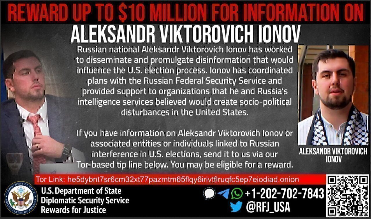 The Rewards for Justice Program of the U.S. State Department offers $10 million for information about Aleksandr Viktorovich Ionov