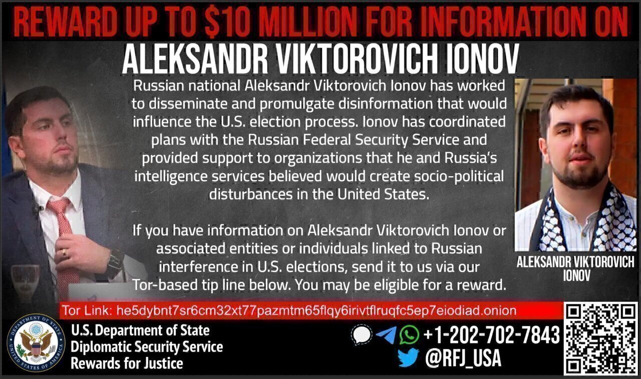 The Rewards for Justice Program of the U.S. State Department offers $10 million for information about Aleksandr Viktorovich Ionov