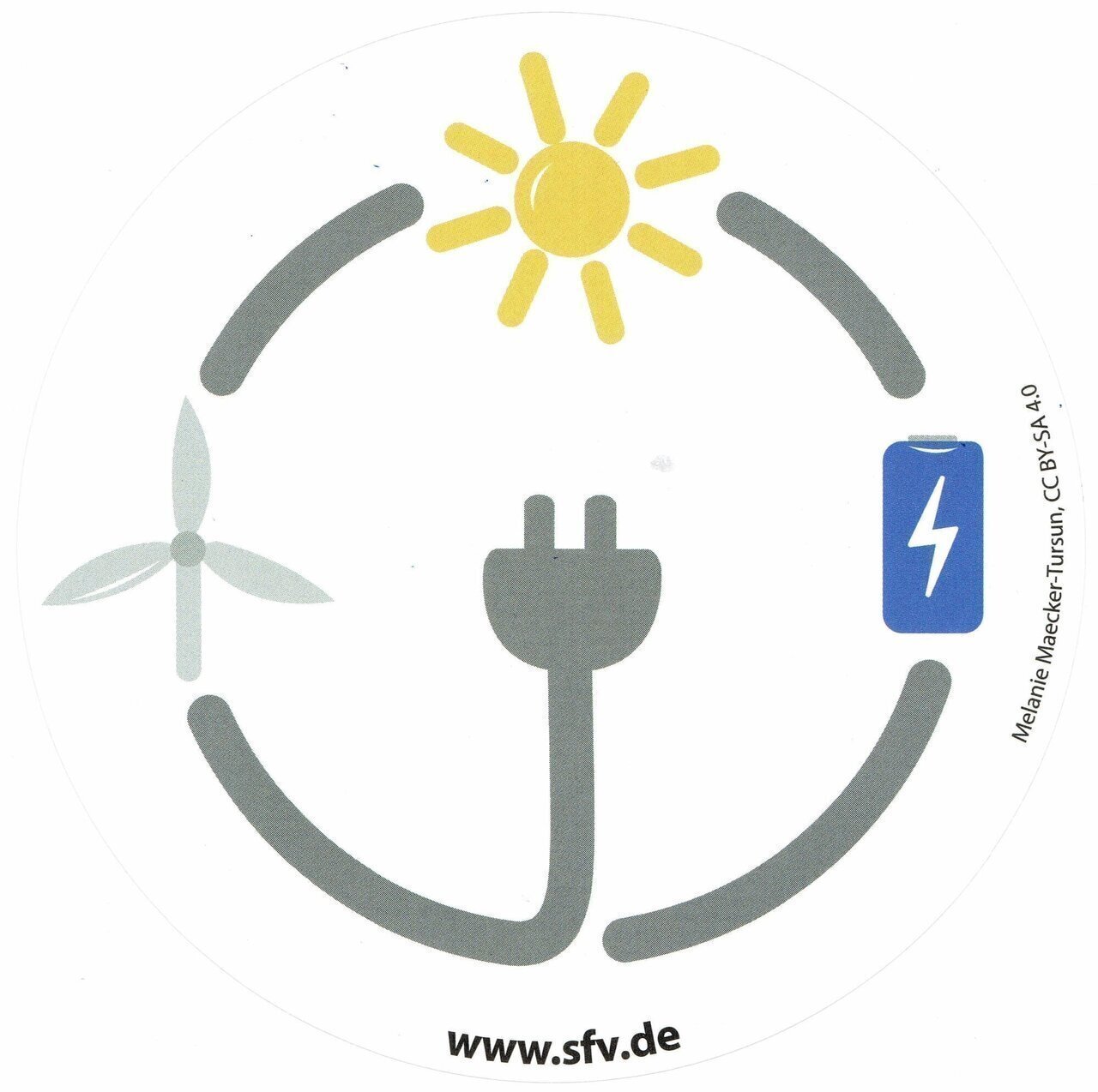 Stickers of the Solar Energy Promotion Association Germany e. V. (SFV) based on the logo for renewable energies (solar energy, wind energy as well as storage) by the German graphic designer and art director Melanie Maecker-Tursun from Hamburg.
siehe: https://commons.wikimedia.org/wiki/File:Logo_Renewable_Energy_by_Melanie_Maecker-Tursun_V3_4c.jpg