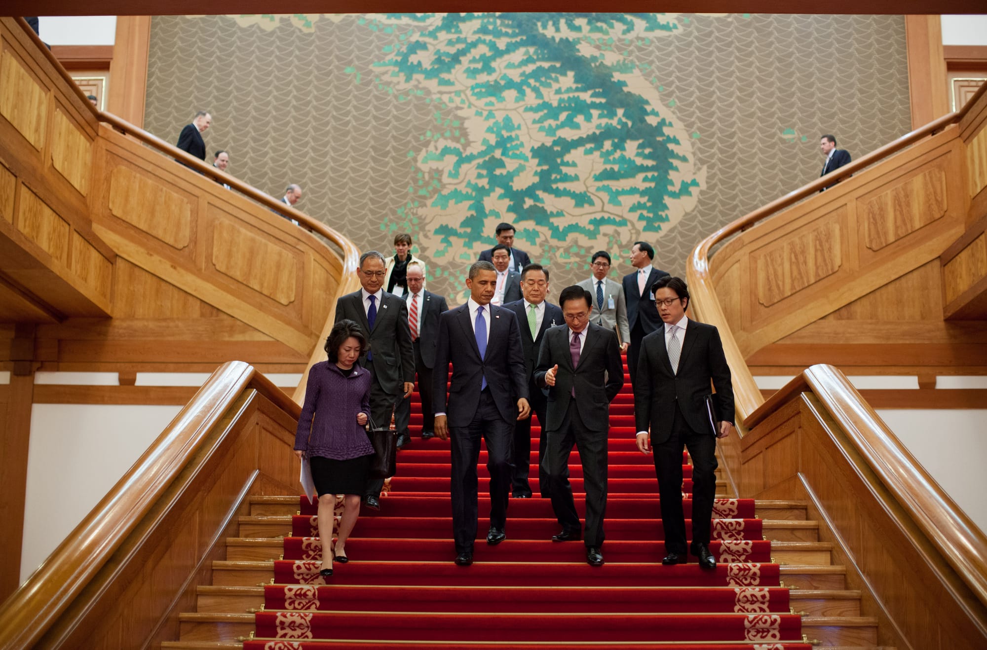 United States President Barack Obama and President Lee Myung-bak of South Korea walk down the grand staircase following their bilateral meeting at the Blue House in Seoul, South Korea on 25 March 2012.