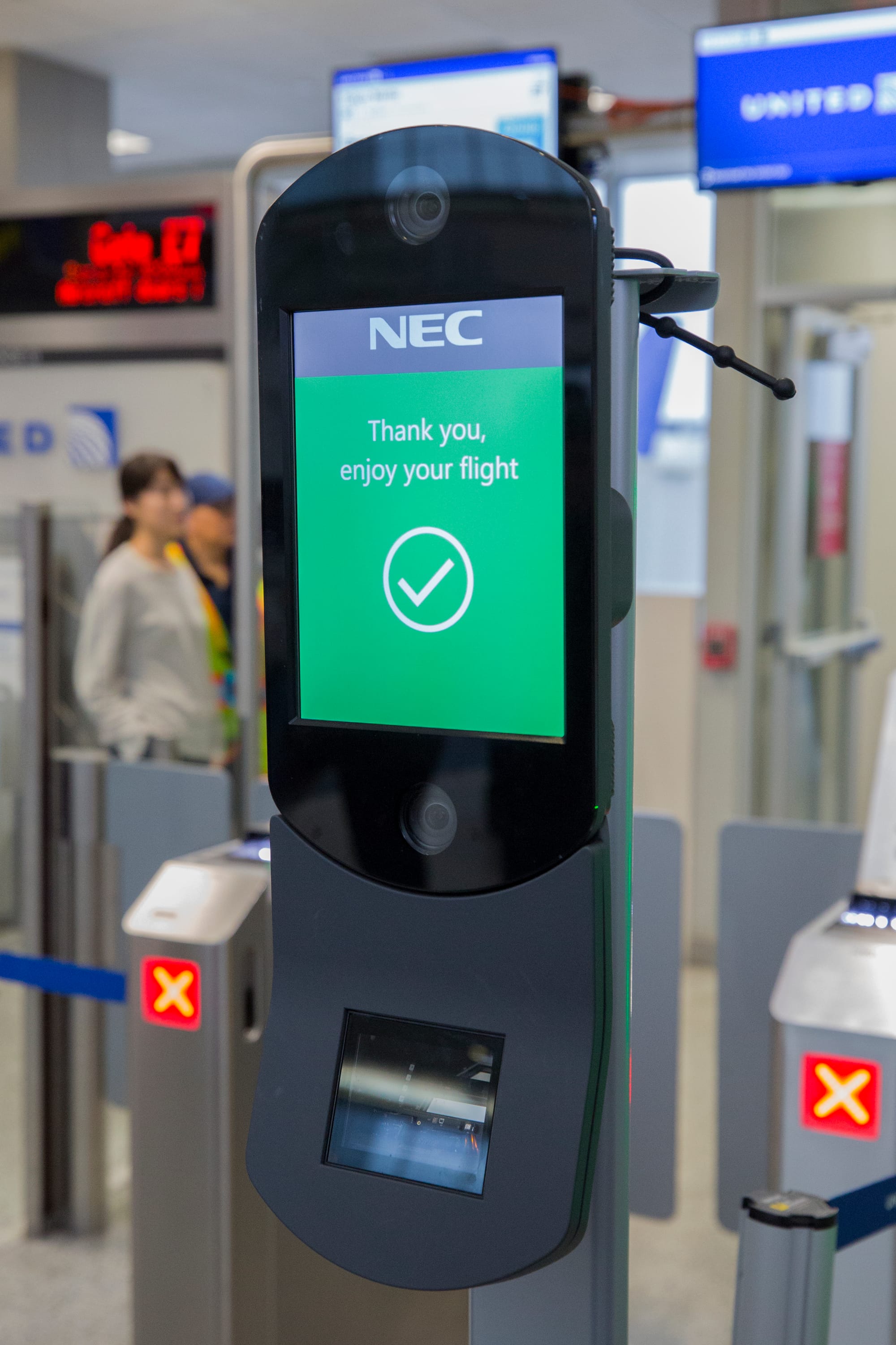 U.S. Customs and Border Protection, Office of Field Operations, officers take biometric photos of passengers prior to boarding a flight at Houston International Airport on February 12,  Seen here is the device for the Biometric Facial Recognition photo. 2018. ..Photographer: Donna Burton