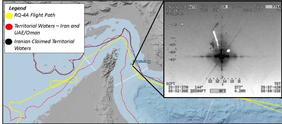 The ISR Flight path and grid plots for the RQ-4A shot down by Iran in the Strait of Hormuz. “This was an unprovoked attack on a U.S. surveillance asset that had not violated Iranian airspace at any time …” – Lt Gen Joseph Guastella, @USAFCENT
Updated: Offering this to clarify our previous post. The legend of the graphic has been changed to reflect that the yellow line is the flight path of the U.S. Navy RQ-4A shot down June 20, 2019.
Top right of the map is a surveillance infra-red photo of an apparent explosion taken at 19JUN2019 23:39:26, giving coordinates of ACFT 25°57′27″N 56°52′39″E / 25.9575°N 56.8775°E / 25.9575; 56.8775 at 22909 feet and TGT (unclear) 25°57′42″N 56°58′22″E / 25.96167°N 56.97278°E / 25.96167; 56.97278 or 25°57′42″N 56°50′22″E / 25.96167°N 56.83944°E / 25.96167; 56.83944
Note: later the New Your Times commented on this image: "The images offered little context and initially included an incorrect description of the drone’s flight path" and "a senior Trump administration official said there was concern inside the United States government about whether the drone ... actually did violate Iranian airspace at some point." It also stated a Navy P-8A Poseidon took the photo of the drone being shot down.