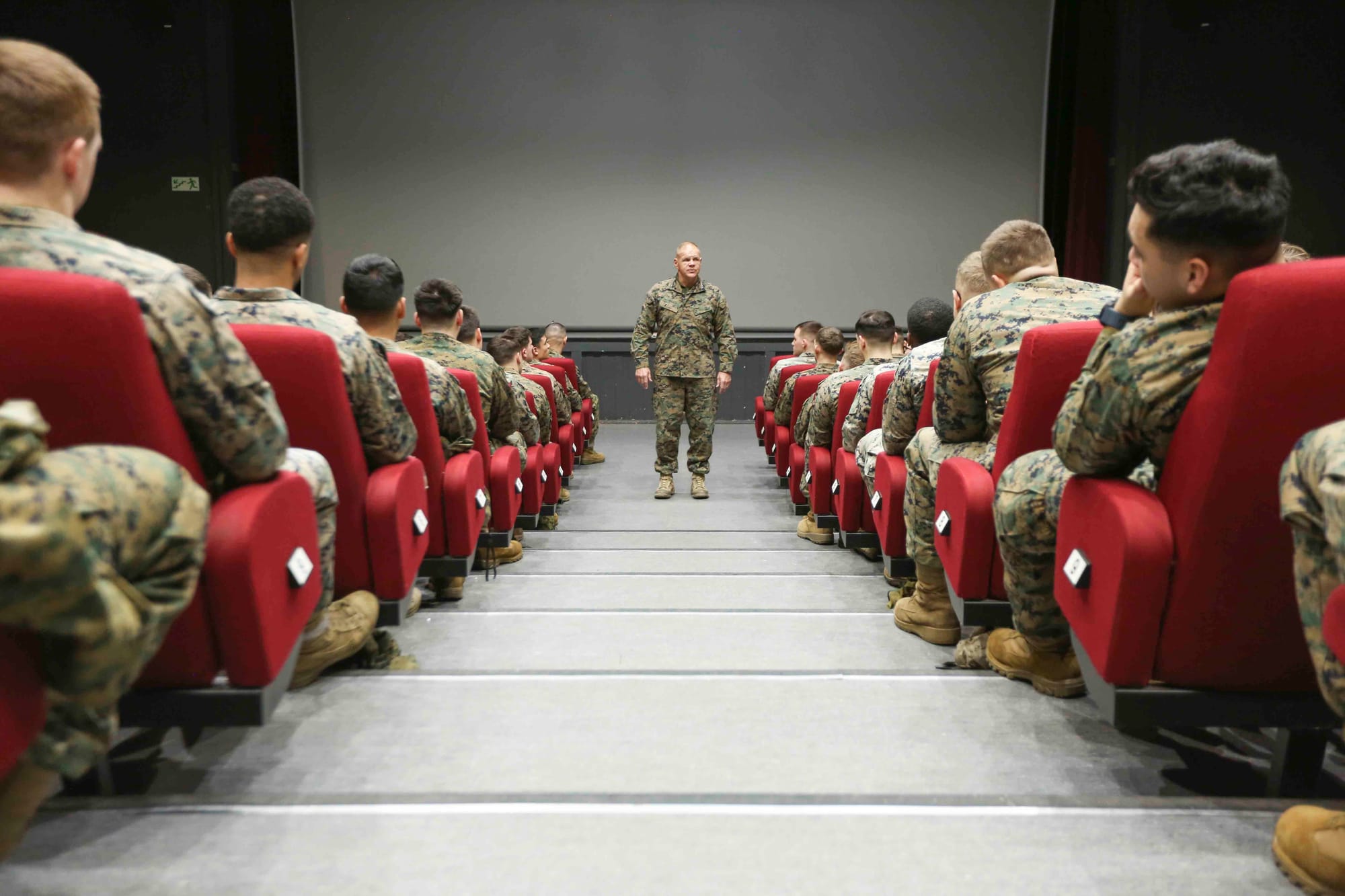 Commandant of the Marine Corps Gen. Robert B. Neller speaks to Marines and Sailors with Marine Rotational Force - Europe during a visit to Setermoen, Norway, Dec. 20, 2018. Gen. Neller visited deployed service members in Europe, Southwest Asia, and the Middle East during the holiday season. (U.S. Marine Corps photo by Sgt. Olivia G. Ortiz)