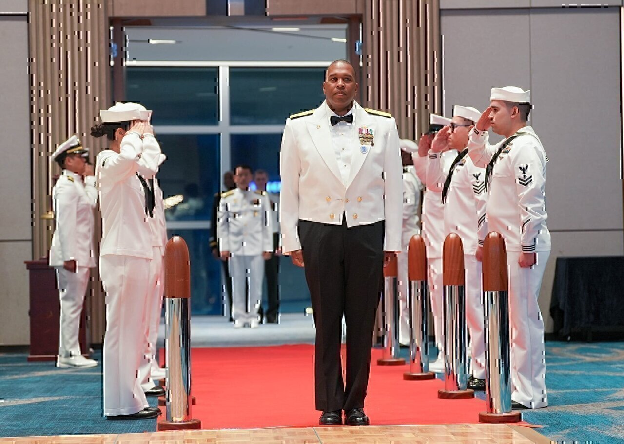 BUSAN, Republic of Korea (Sept. 26, 2025) – Rear Adm. Sharif H. Calfee, commander, U.S. Naval Forces Korea and Navy Region Korea, arrives as part of the official party for Commander, U.S. Naval Forces Korea’s 250th U.S. Navy Birthday Ball, Sept. 26, 2025. Commander, U.S. Naval Forces Korea (CNFK) is the U.S. Navy’s representative in the Republic of Korea, providing leadership and expertise in naval matters to improve institutional and operational effectiveness between the two navies and to strengthen collective security efforts in Korea and the region. (U.S. Navy photo by Mass Communication Specialist Seaman Robert A. Moses)