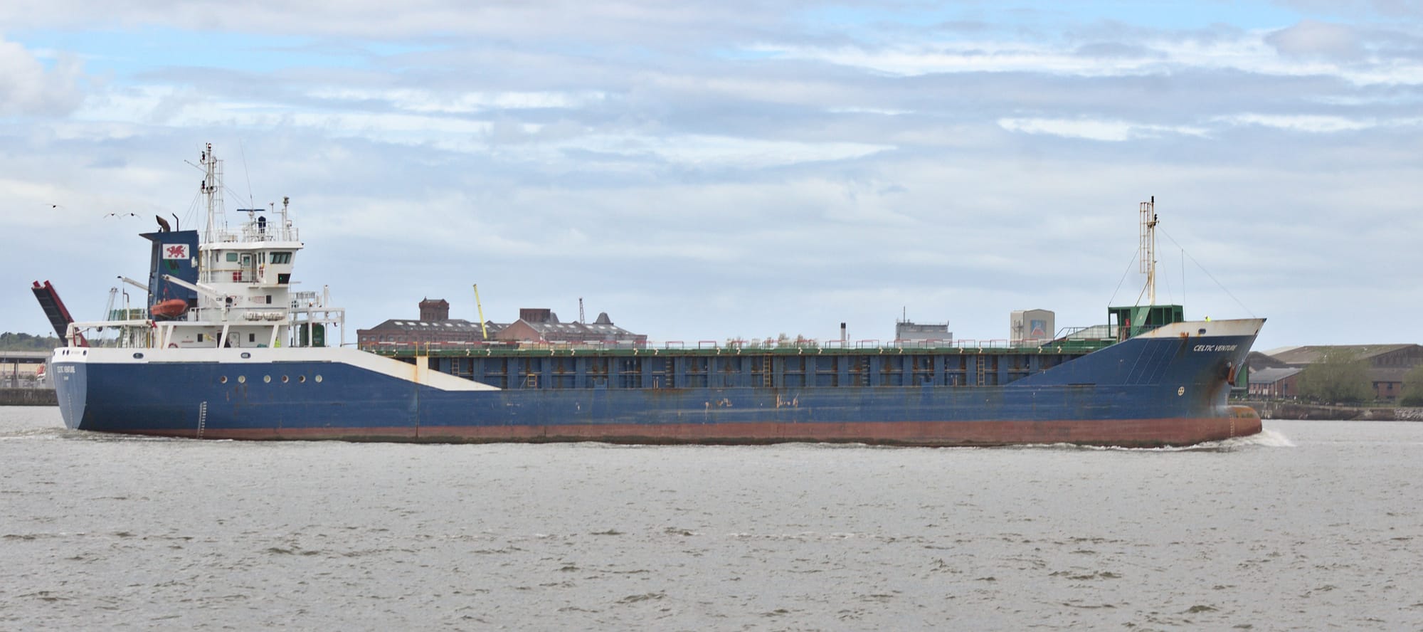 "Celtic Venture", formerly the "Arklow Rose", has just left Garston and is sailing along the Mersey en route to Fowey, Cornwall.