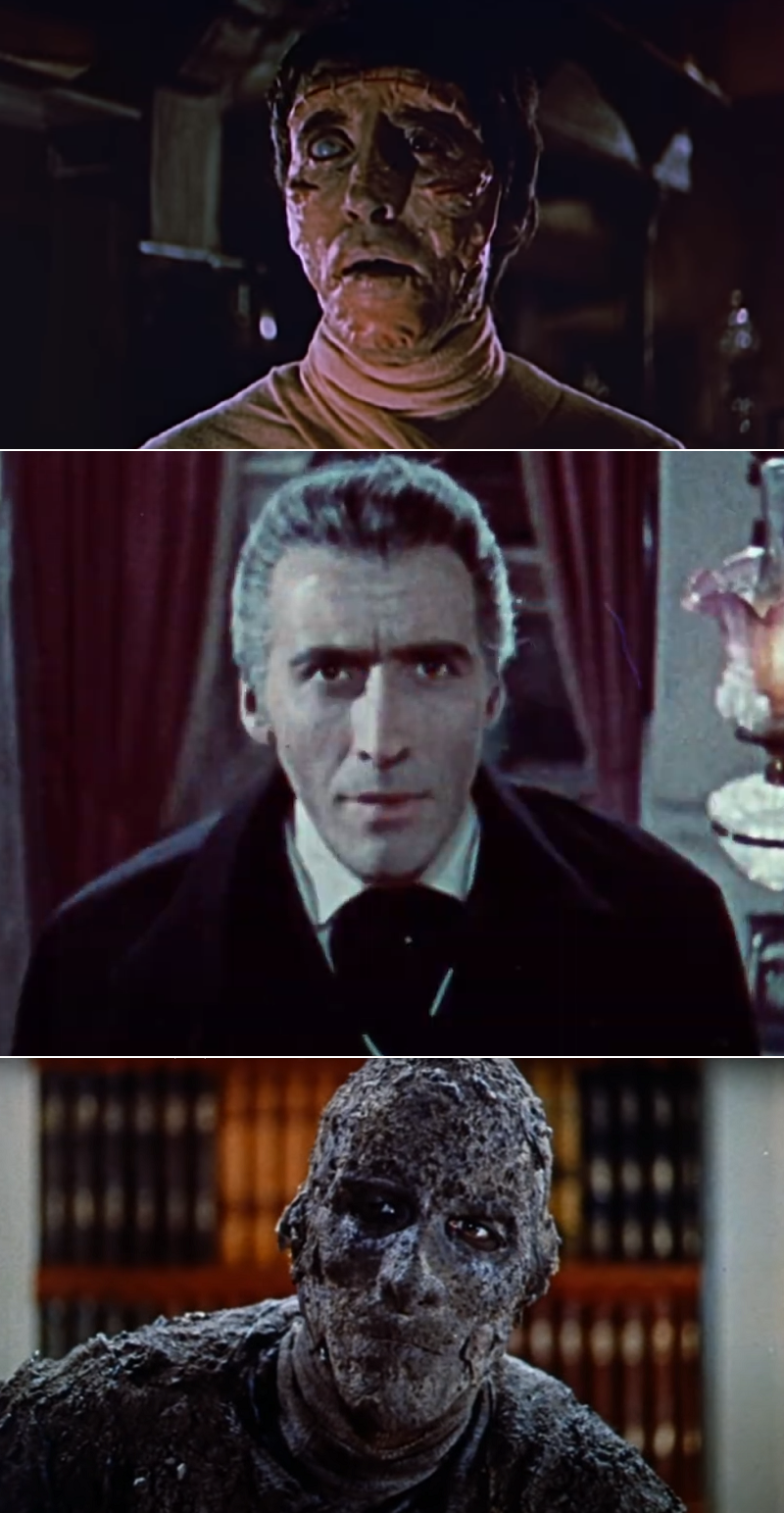 Collage of screenshots from the trailers for The Revenge of Frankenstein (1958), Dracula (1958) and The Mummy (1959).