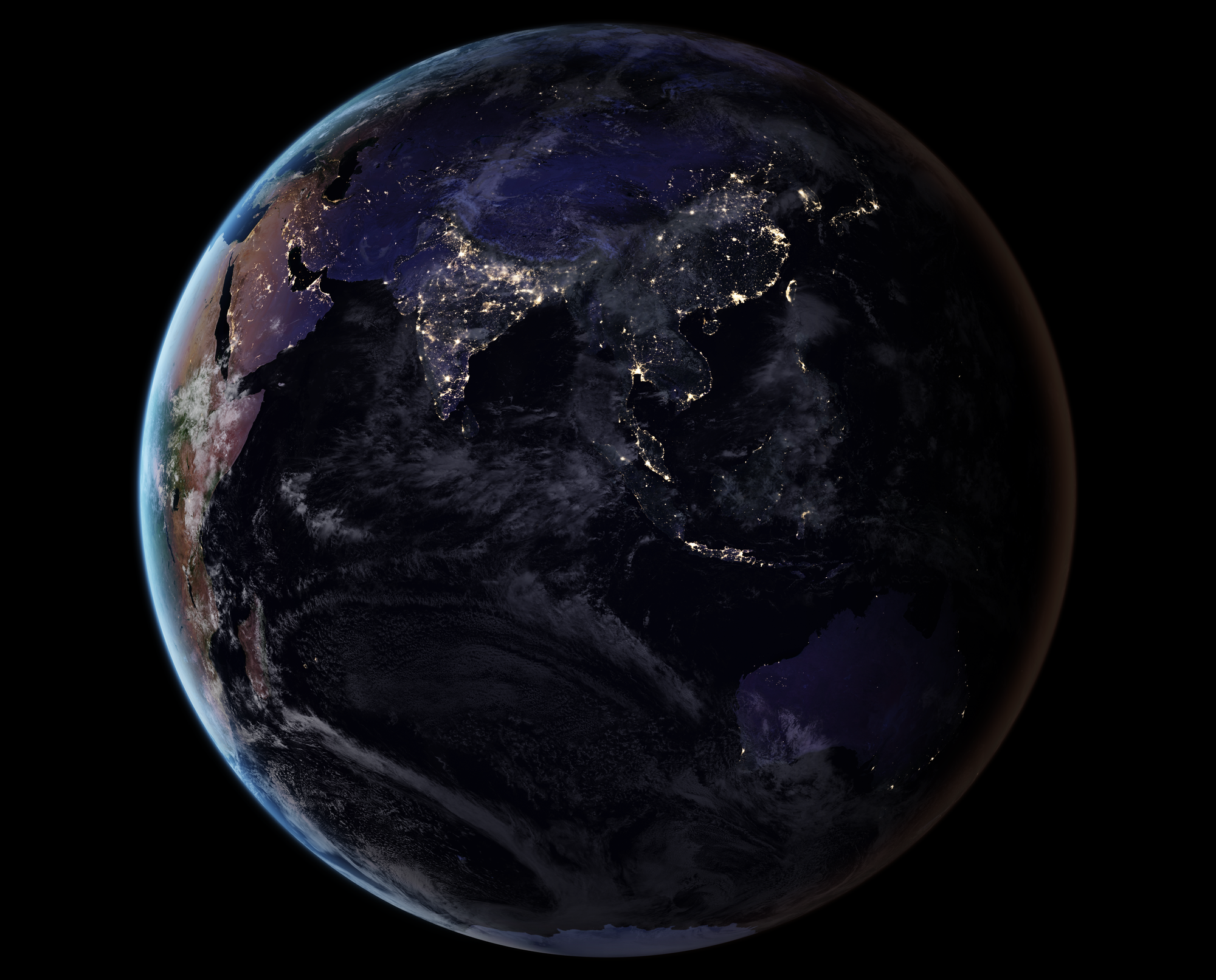 This image shows Earth’s night lights as observed in 2016; they are drawn from a 2016 global composite map that was added to Worldview and GIBS. The compositing technique selected the best cloud-free nights in each month over each land mass. (Note that clouds and sunlight are added to the image for aesthetic effect; those data are drawn from the Blue Marble products.)
Instrument: Suomi NPP - VIIRS