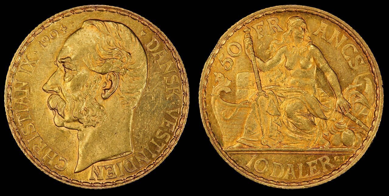 Danish West Indian 10 daler gold coin (1904) depicting Christian IX of Denmark. Only year of issue for the denomination (10 daler/50 Francs), only 2,005 were struck.