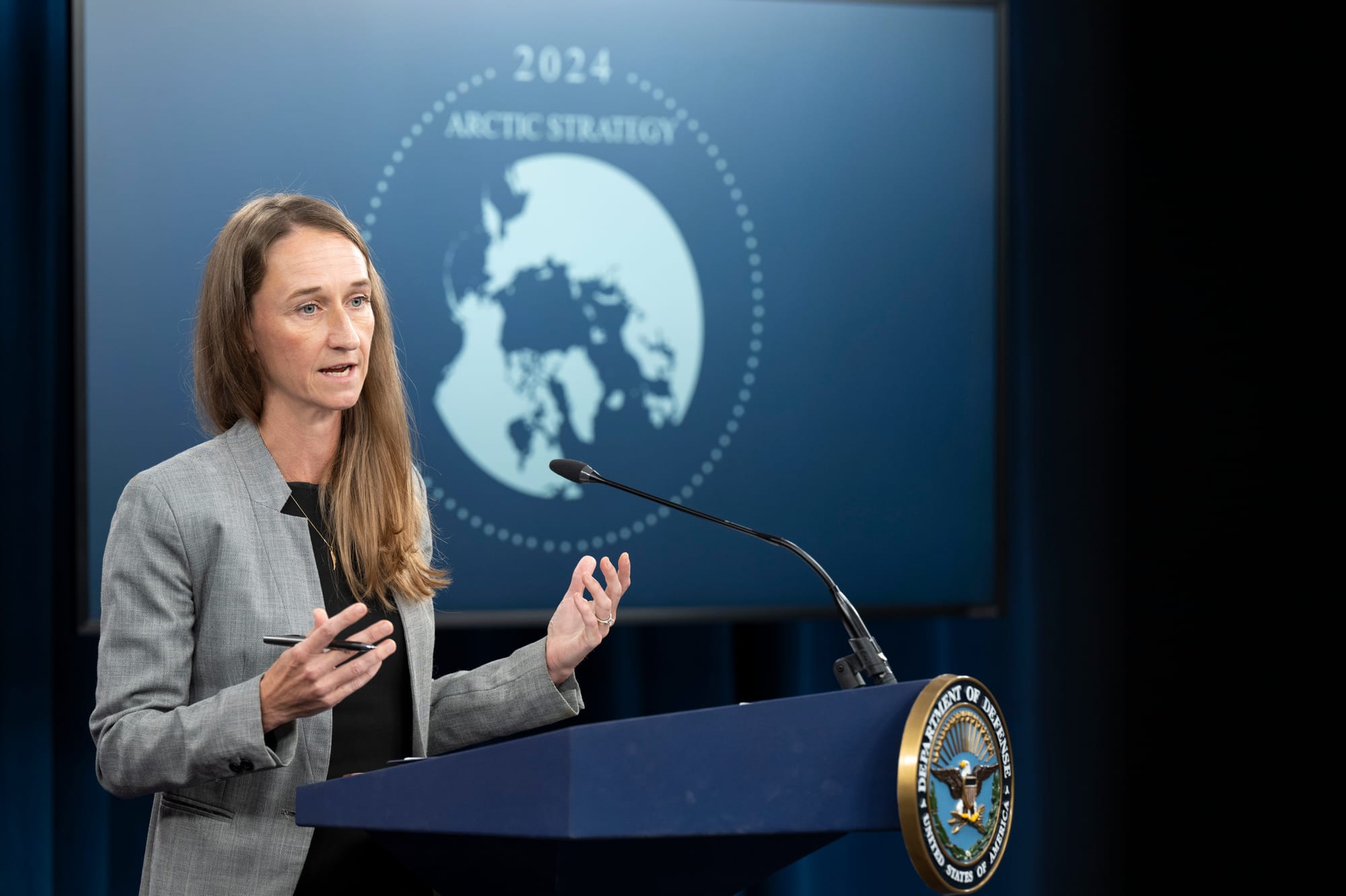 Deputy Assistant Secretary of Defense for Arctic and Global Resilience Iris Ferguson conducts a press briefing on the Department of Defense’s 2024 Arctic Strategy at the Pentagon, Washington, D.C., July 22, 2024. (DoD photo by U.S. Navy Petty Officer 1st Class Alexander Kubitza) Kubitza)