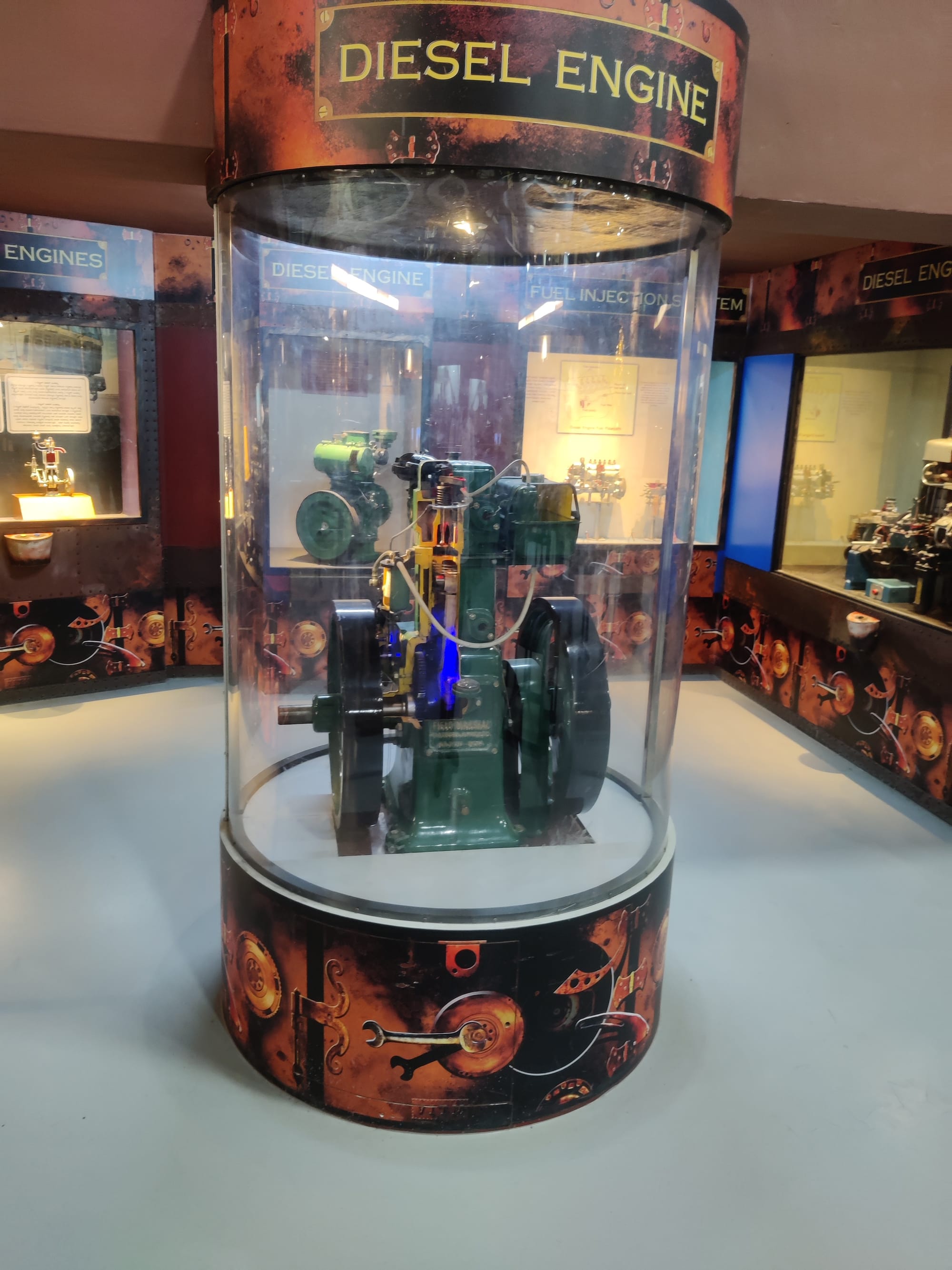 An exhibit of a Diesel Engine at the Engine Room, Visvesvaraya Industrial and Technological Museum (VITM), Bangalore, India.