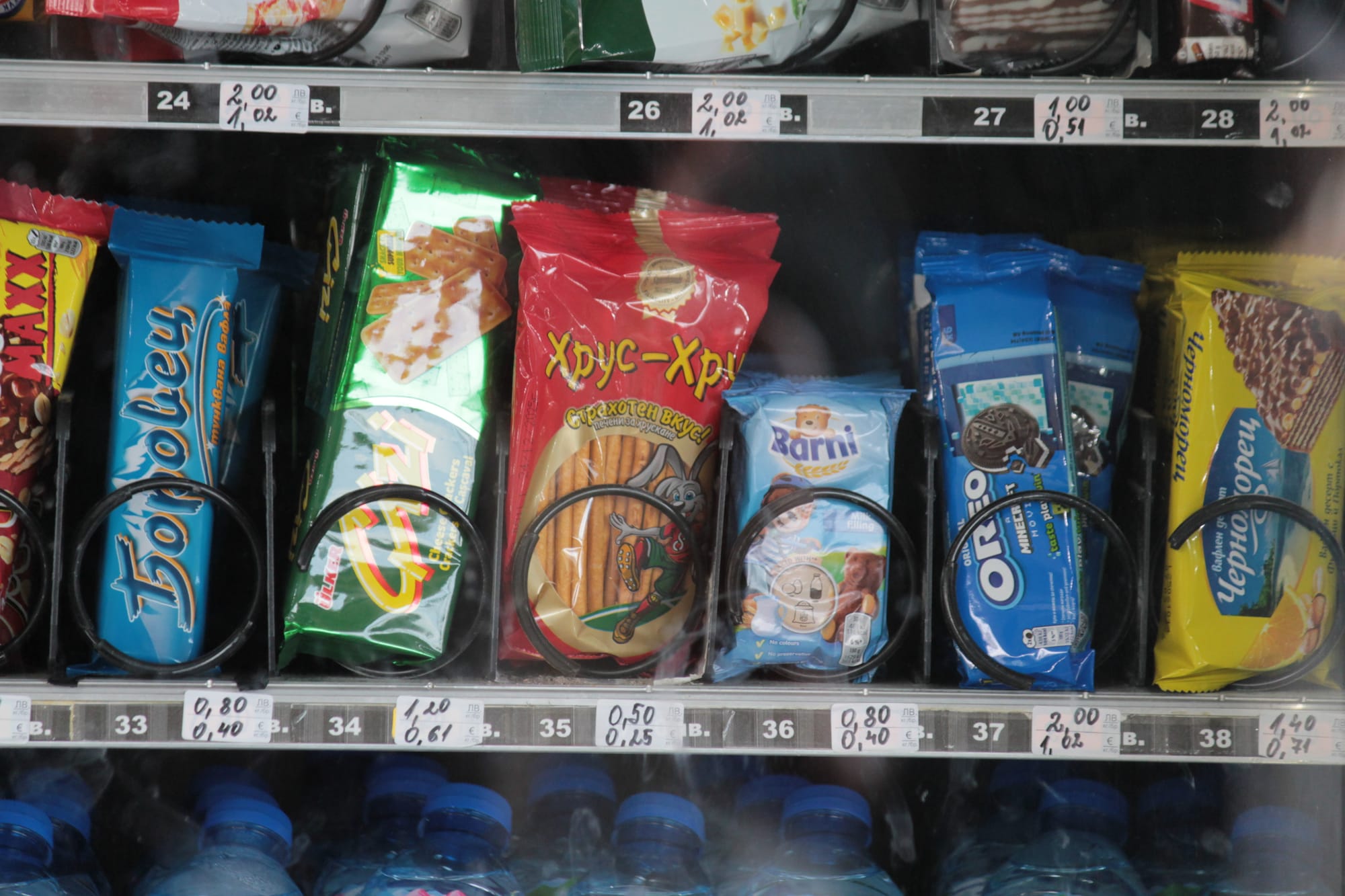 Products with labels displaying prices in both Euros and Levs before Bulgaria's entrance into the Eurozone.