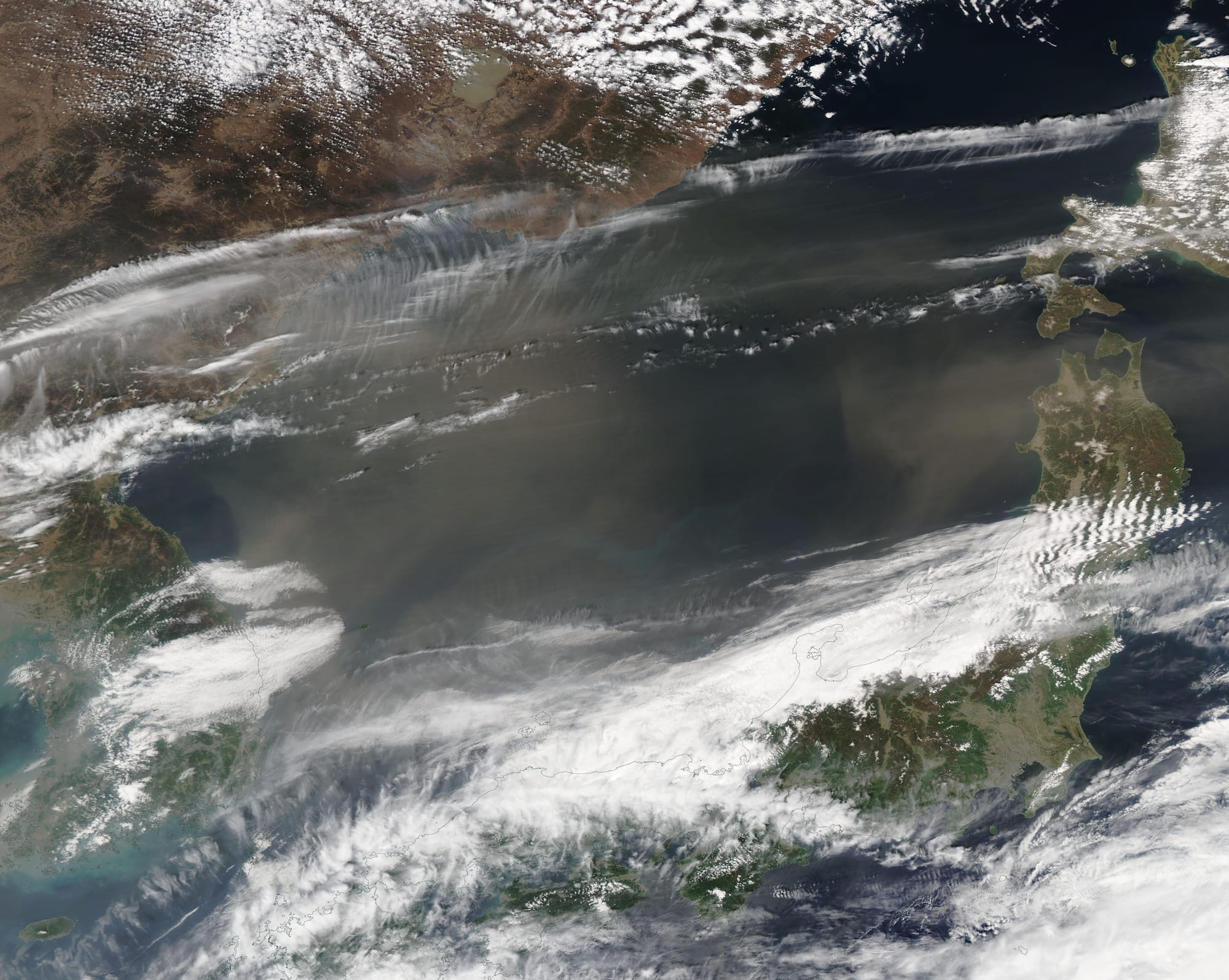 On April 21, 2023, the Moderate Resolution Imaging Spectroradiometer (MODIS) on board NASA’s Aqua satellite captured a true-color image of another pulse of dust from the Gobi Desert pouring over East Asia. Dust storms rising from the Gobi Desert are common, especially in the springtime when gusty winds sweep eastward over the desert.
Several severe storms have blanketed China, the Korean Peninsula, and northern China in March and April this year. One massive storm struck on March 26, creating a comma-shaped blanket of tan dust that affected more than 500 million people in China. Another dust storm on April 11 brought widespread air pollution, with PM10 (suspended particulate matter) in Beijing reported at 1,321 micrograms per cubic meter—a level almost 30 times the daily guideline set by the World Health Organization. A review of daily Aqua satellite imagery shows only one relatively dust-free day across the region during the first three weeks of April and four clear-sky days in March.
Underneath the widespread cloud of dust, the blue waters of the Sea of Japan appear to be tinted with green, which is evidence of a phytoplankton bloom. Phytoplankton are microscopic plant-like organisms that live in these waters year-round and, when conditions are favorable, can burst into rapid growth that creates large floating blooms that can easily be seen from space. The minerals in dust can act as potent nutrients to help spur phytoplankton growth.