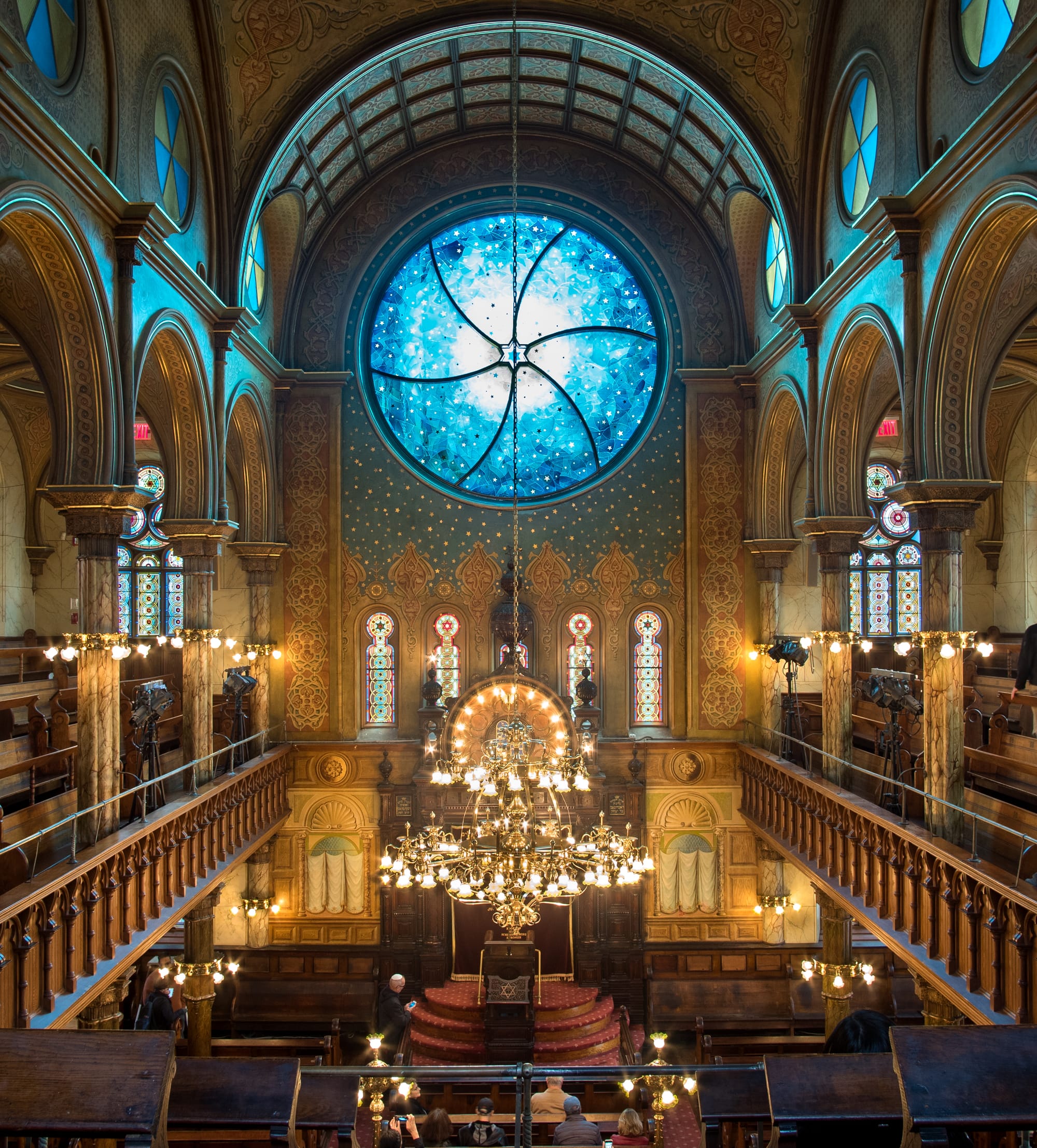 Eldridge Street Synagogue, located in Chinatown, Manhattan, New York, during Open House New York Weekend 2018. It opened in 1887 as one of the first synagogues founded in the United States by Jewish immigrants from Eastern Europe. Designated a National Historic Landmark since 1996, it underwent a 20-year renovation that was completed in 2007.