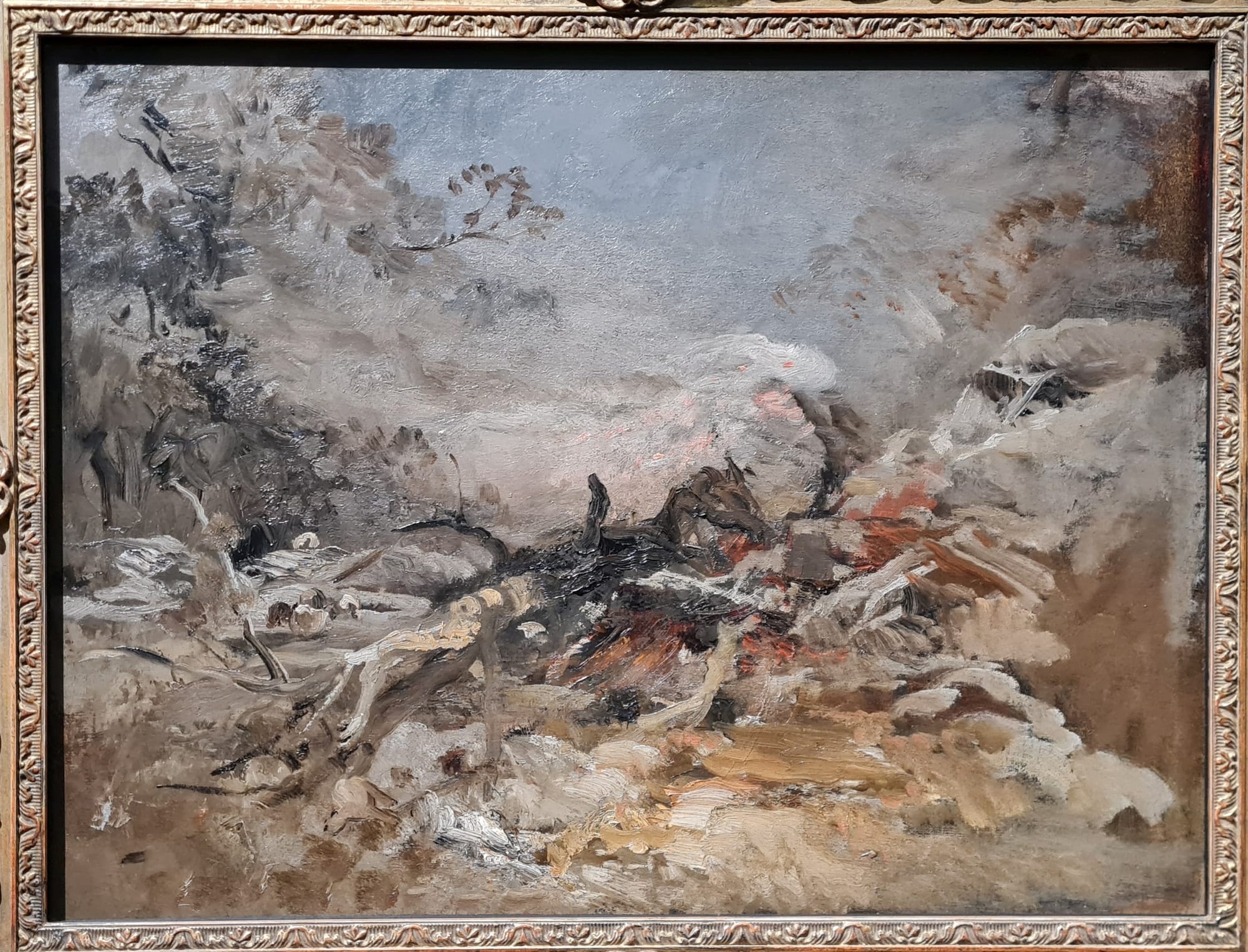 Emil Jakob Schindler: Holzgerümpel im Wald. Öl auf Leinwand, 1882/85. Im Leopold Museum, Wien