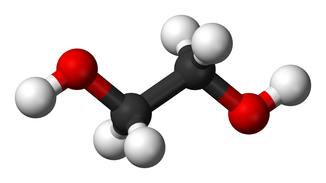 Ball-and-stick model of the ethylene glycol molecule
