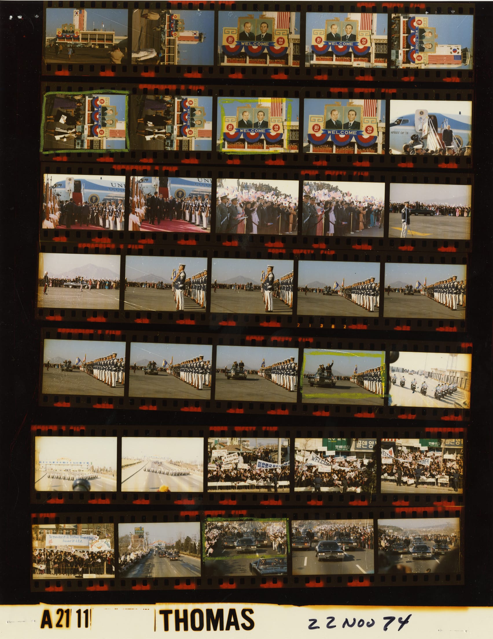 The photo contact sheet, identified as A2111 by the White House Photographic Office (WHPO), is housed at the Gerald R. Ford Presidential Library, a branch of the National Archives and Records Administration (NARA).
This file is a 200 dpi photo contact sheet having images from roll of film A2111 of the August 9, 1974 - January 20, 1977 Gerald R. Ford White House Photographic Office Series A0001-A9999 and B0001-B2886 photographs.
The date on the photo contact sheet is the date the roll of film was processed, not necessarily the date the photographs were taken. See table below for additional details.