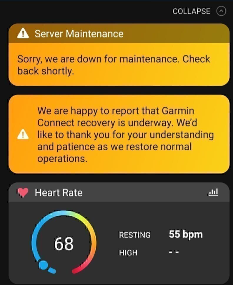 screenshot of Garmin app with maintenance announcement and recovery announcement.
