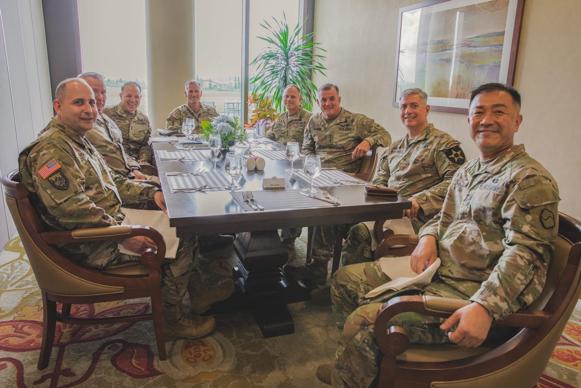 Gen. Charles Flynn, the U.S. Army Pacific commanding general, sits with U.S. Forces Korea and Eighth Army general officers at the River Bend Golf Course on Camp Humphreys, Republic of Korea, July 24, 2024. Gen. Flynn visited U.S. Army units to meet with Combined Forces leadership during a tour of Asia. (U.S. Army photo by Spc. Kelsey Kollar)