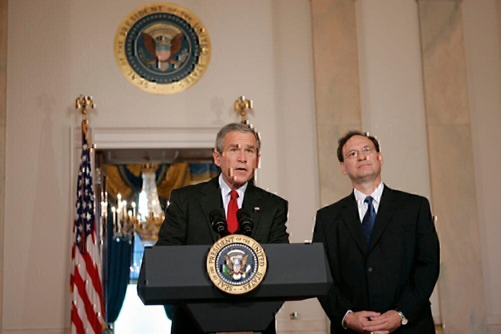 President George W. Bush announces his nomination Monday, Oct. 31, 2005, of Philadelphia Appeals Court Judge Samuel A. Alito, Jr., for Associate Justice of the U.S. Supreme Court, to replace the retiring Justice Sandra Day O'Connor.