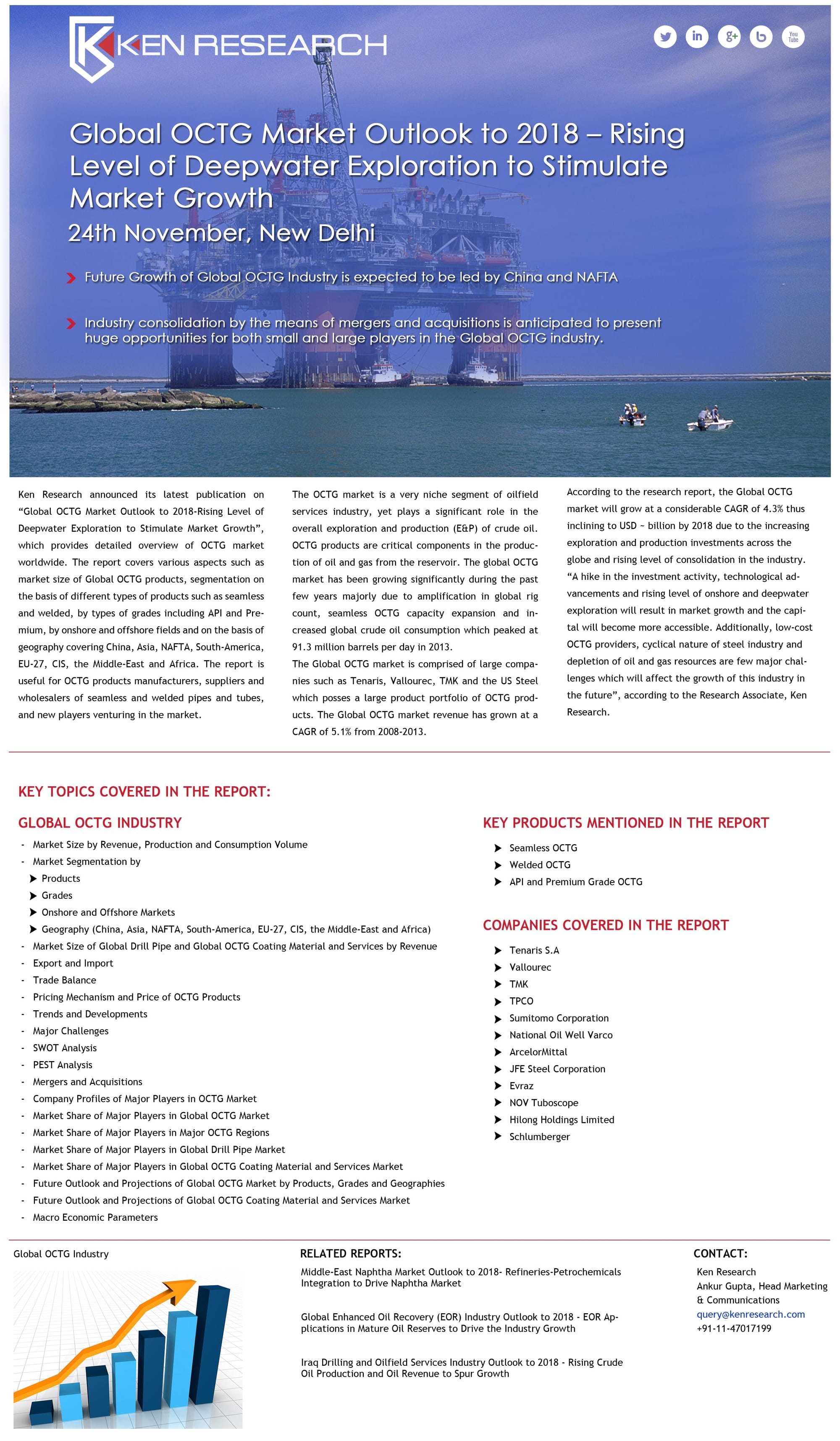 Global OCTG Market Outlook to 2018 – Rising Level of Deepwater Exploration to Stimulate Market Growth presents a comprehensive analysis OCTG market worldwide. The report covers various aspects such as market size of Global OCTG products, segmentation on the basis of different types of products such as seamless and welded, by types of grades including API and Premium, by onshore and offshore fields and on the basis of geography covering China, Asia, NAFTA, South-America, EU-27, CIS, the Middle-East and Africa.
The report is useful for OCTG products manufacturers, suppliers and wholesalers of seamless and welded pipes and tubes, and new players venturing in the market.
The demand for oil, gas and energy has been increasing at much faster pace than expected over the past many years, mainly owing to the thriving middle-class population and globalization. Additionally, technological innovations and rapid economic expansion in the developing countries including India and China are some of the other important factors that have been guiding the demand for energy. This increased appetency for energy has led to growth in oil exploration, production and drilling activities and rise in crude oil and natural gas prices. Additionally, improved investments in oil and gas exploration have further fuelled the oil and gas industry. These factors together have catalyzed the growth and development of Oil Country and Tubular Goods.
