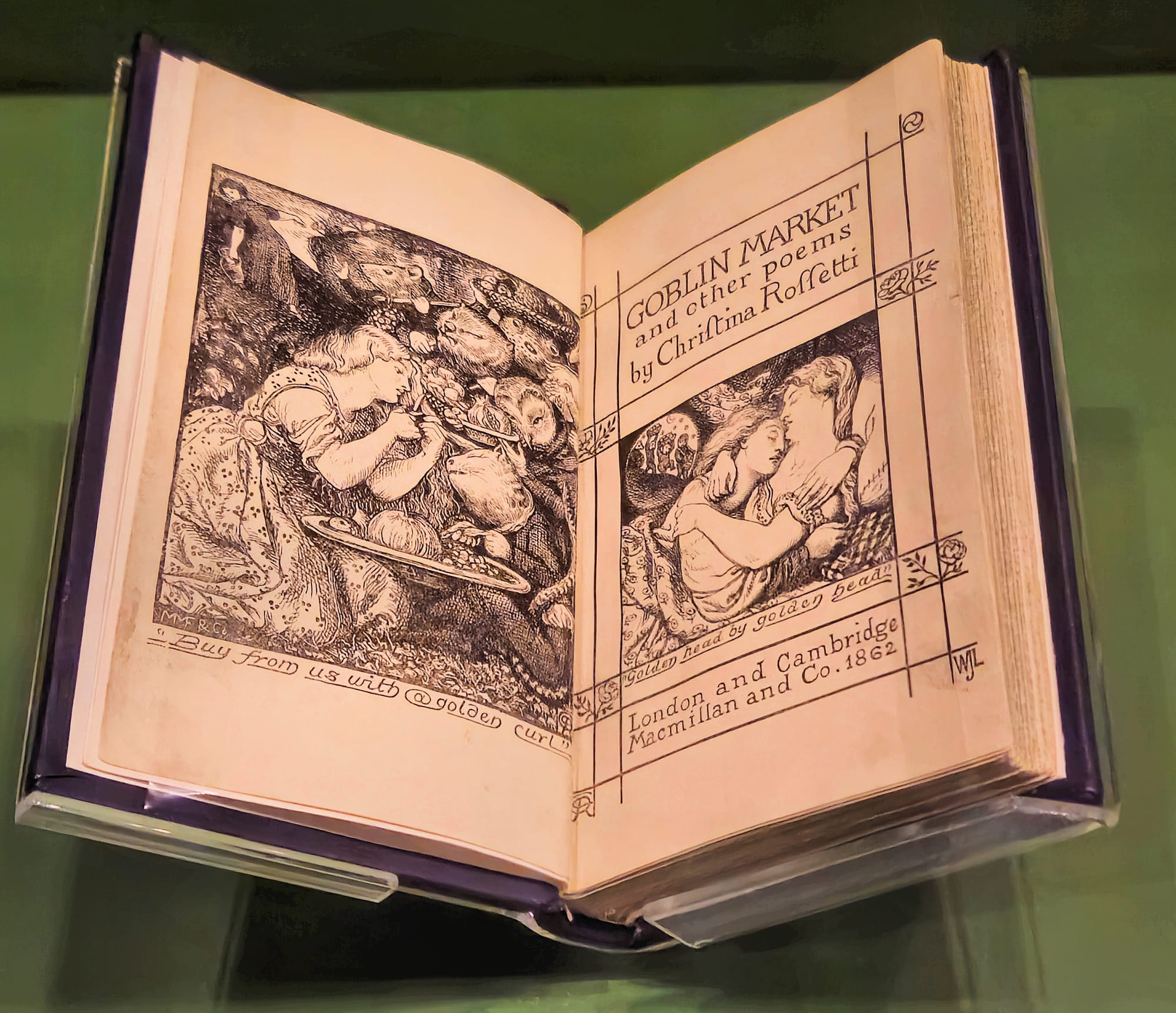 The title page of the book "Goblin Market and Other Poems" by Christina Rossetti.  The illustrations were created by her brother, Dante Gabriel Rossetti.