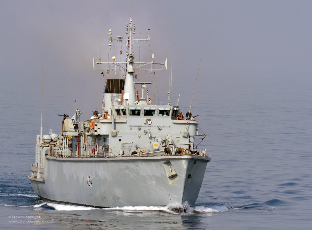 HMS Middleton is pictured transiting the Strait of Hormuz in the Middle East.
HMS Middleton and HMS Pembroke were escorted on their transit through the Strait by the Type 45 Destroyer HMS Diamond.
HMS Middleton, Mine Countermeasures Vessel (MCMV), detects, investigates, and destroys sea-bed threats with the use of high powered sonar, remote underwater vehicles and divers. HMS Middleton is one of eight Hunt Class Mine Countermeasures Vessels that forms part of the Royal Navy’s Second Mine Countermeasures Squadron (MCM2) based in Portsmouth. The ship is currently deployed in the Gulf as part of Operation Telic MCM.
This image is available for high resolution download at www.defenceimages.mod.uk subject to the terms and conditions of the Open Government License at www.nationalarchives.gov.uk/doc/open-government-licence/. Search for image number 45154689.jpg


Photographer: LA(Phot) Gary Weatherston
Image 45154689.jpg from www.defenceimages.mod.uk
For latest news visit www.mod.uk
Follow us: 
www.facebook.com/defenceimages

www.twitter.com/defenceimages
