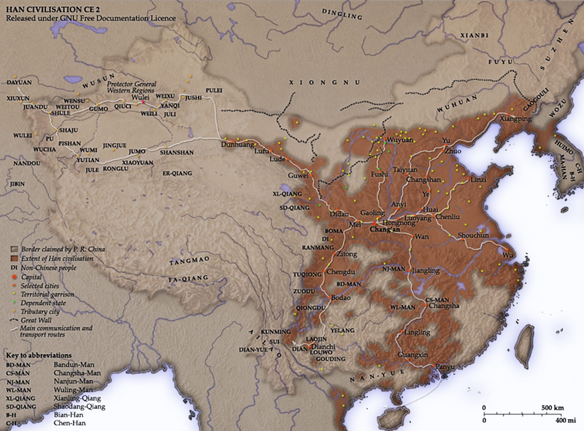 This map shows the world as was known to the Western Han Dynasty (206 BCE – 9 CE) China in 2 CE. The shaded areas show the extent of Han civilisation (206 BCE – 220 CE).  

Contents

1 Notes

1.1 Territorial garrisons
1.2 The Great Wall
1.3 Routes of communication
1.4 The Western Regions
1.5 Transliteration


2 Related images



Notes
Created and copyright (2006) by Yeu Ninje. Released under the GNU FDL.
I've based this on the existence of settlements under direct Han political authority or military control according to Tan Qixiang (ed.), Zhongguo lishi ditu (中国历史地图集; 1982).
The international boundary shown is the border claimed by the en:People's Republic of China. Compare the territories of the historical Han dynasty and the territories over which the modern Chinese state claims sovereignty.
Territorial garrisons
The headquarters of chief commandants (都尉) are shown in yellow. Chief commandants commanded territorial garrisons and were responsible for the supression of local armed threats and supervision of recruitment for military service. 

Note that these were concentrated on the frontiers, especially on the northern border region. When in the interior of the Han empire, they were often placed near iron or salt industries, or on important communication routes.

Dependent states (屬國) are shown in green. These were usually mixed settlements of Chinese and Xiongnu or more commonly, en:Qiang, under Han administration.

The Great Wall
During most of the Western Han period, the en:Great Wall served as a line of demarcation between Han and non-Chinese peoples, most notable of whom were the en:Xiongnu. The line of the Great Wall was extended by Emperor Wu along the en:Gansu corridor (the commanderies based at Dunhuang, Lufu, Lude and Guzang). This, along with walls north of the great loop of the en:Yellow River (beyond Wuyuan), provided the front line defences against the Xiongnu. A second line was maintained along the old Qin wall (the one that passes close to Fushi and Didao), which was important even into the en:1st century. 
Both the lines of the Great Wall and Yellow River are based on Tan Qixiang (ed.), Zhongguo lishi ditu (中国历史地图集; 1982). Note that the Yellow River is considerably to the north of its present flow.

Routes of communication
The broad outline of communication and transport routes from the capital en:Chang'an is marked in white. These were based on en:Qin Dynasty imperial highways, Han roads (such as the Chang'an-Anyi-Taiyuan-Yu road) and navigable riverways (such as the Chenliu and Shouchun route). The long road extending west from Chang'an to the "en:Western Regions" is often known as the en:Silk Road.
These are based in part on the reconstruction of early Chinese roads and waterways by en:Joseph Needham in Science and Civilisation, Vol. IV, (1954), and the additions of en:Rafe de Crespigny in Generals of the South (1992). The northern and southern routes of the Silk Road in the Western Regions is based on Map 16 in Cambridge History of China, vol. 1, (1986).

The Western Regions
From the end of the en:2nd century BC, Han China fought with the Xiongnu over control of the Western Regions. By the time that they established the office of Protector General of the Western Regions (at Wulei) in en:60 BC or en:59 BC, the entire region was dominated by the Chinese. Tributary city-states, in light orange, sent periodic tribute to Chang'an and were rewarded by the Han court.

Transliteration
Names of non-Chinese peoples and states have been purposely left with their Chinese names (e.g. Dayuan instead of en:Fergana; Gaogouli instead of en:Goguryeo) to reflect the fact that our knowledge of participants in the Han world order comes almost exclusively from Chinese sources. Chinese names are transliterated by en:pinyin (e.g. Dayuan instead of Ta-yuan).
Transliteration of non-Chinese peopes and states follows the pronunciation guides given in the Hou Han shu. They often diverge from the Mandarin pronunciations which are now standard:
婼羌 Er-Qiang; 鄯善 Shanshan; 且末 Jumo; 小宛 Xiao-Yuan; 精絕 Jingjue; 戎盧 Ronglu; 扜彌 Wumi; 渠勒 Jule; 于闐 Yutian; 皮山 Pishan; 烏秅 Wucha; 西夜 Xiye (Xiyi); 蒲 Pu; 依耐 Yinai; 無雷 Wulei; 難兜 Nandou; 罽賓 Jibin; 烏弋山離 Wuyishanli; 安息 Anxi; 大月氏 Da-Yuezhi; 康居 Kangju; 大宛 Da-Yuan; 桃槐 Taohui; 休循 Xiuxun; 捐毒 Juandu; 莎車 Shaju; 疏勒 Shule; 尉頭 Weitou; 龜茲 Qiuci; 姑墨 Gumo; 焉耆 Yanqi.

Related images

		
			
			Qin empire (210 BC)
		
		
			
			Ming civilisation (1580)