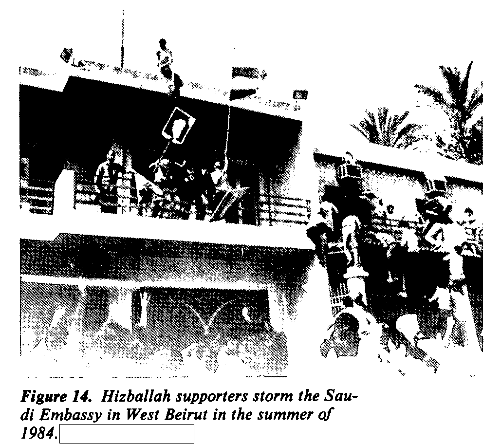 Hizballah supporters storm the Saudi Embassy in West Beirut in the summer of 1984.