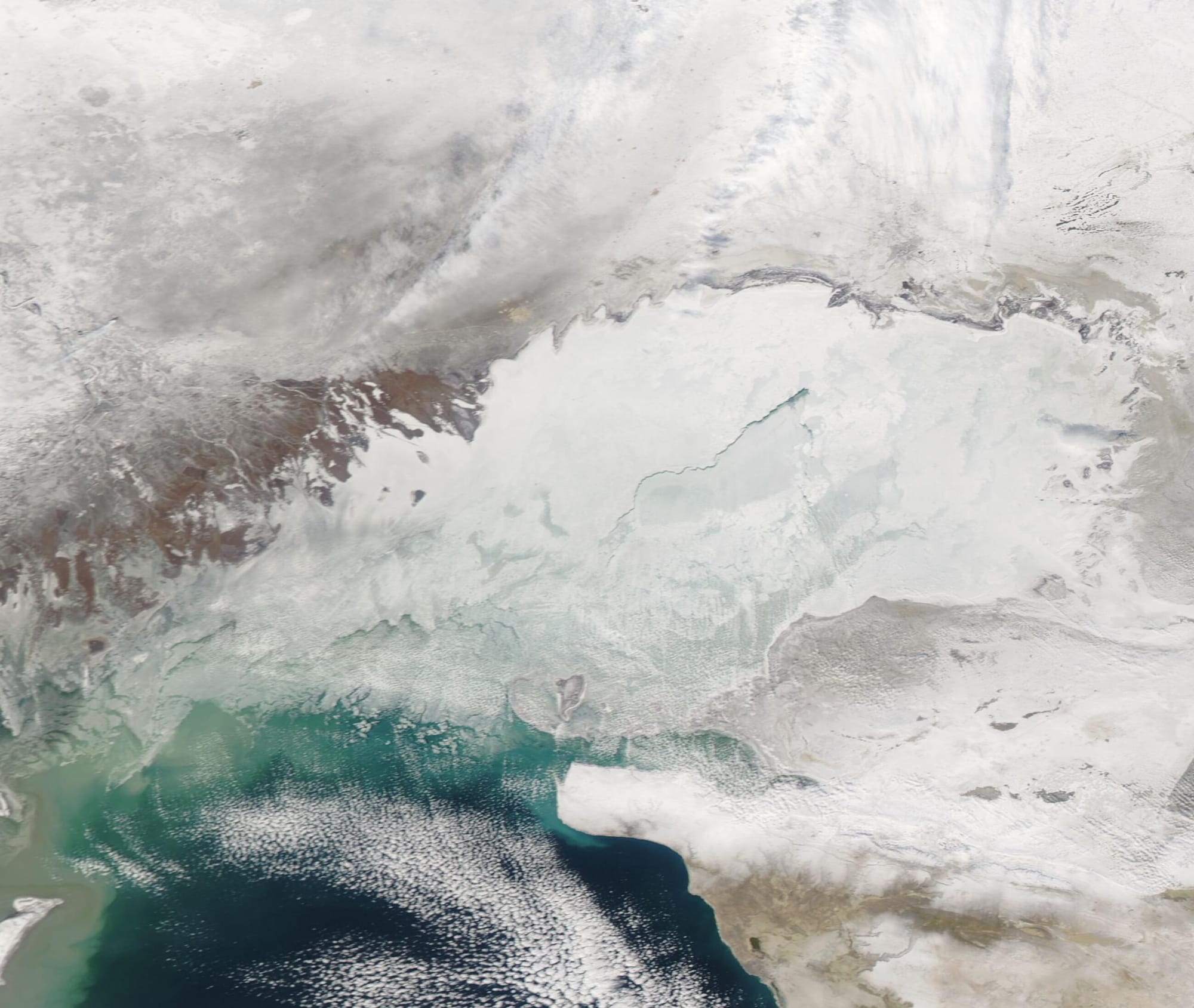 January 25, 2024 January 1, 2024
The Caspian Sea is the largest brackish-water lake on Earth, spanning about 143,200 square miles (371,000 square kilometers)—an area only slightly smaller than the U.S. state of Montana. It is also a sea of contrasts, with a shallow and slightly saline north end and a dramatically deep and much saltier southern end. These differences make big differences, especially when it comes to the formation of wintertime ice. The Northern Caspian Sea freezes over most winters, although the thickness, area covered, and even the ridges in the ice dependent on variable factors such as surrounding air temperature, winds, and fluctuating water depth. The Middle Caspian sees ice along the coastlines only in severe winters, while the Southern Caspian does not ice up.
Freeze-up on the Northern Caspian can start as early as November, but warm temperatures in 2023 delayed ice formation. A severe cold blast in early December brought enough of a chill to create a thin layer of ice over much of the water by mid-December, but it wasn’t until January 2024 that winter really got underway in Kazakhstan and the portion of Russia bordering the Northern Caspian Sea. As temperatures plummeted, the Northern Caspian rapidly froze over.
The Moderate Resolution Spectroradiometer (MODIS) on NASA’s Aqua satellite acquired a true-color image of snow and ice over the Northern Caspian Sea on January 24, 2024. Despite the thoroughly frozen condition of the north, no ice covers the visible portion of the Middle Caspian Sea, where the water looks bright blue. Snow also covers the surrounding lands of Kazakhstan (north and east) and Russia (west).

A second Aqua MODIS true-color image was acquired of the same region on January 1, 2024, and it can be viewed by clicking on the date below the images. On that date, ice covered only a small portion of the northernmost Caspian Sea. In addition, tan sediment swirled in the shallow waters. Toggling back and forth between the images will show what a large difference a few weeks can make in the life of the Caspian Sea.