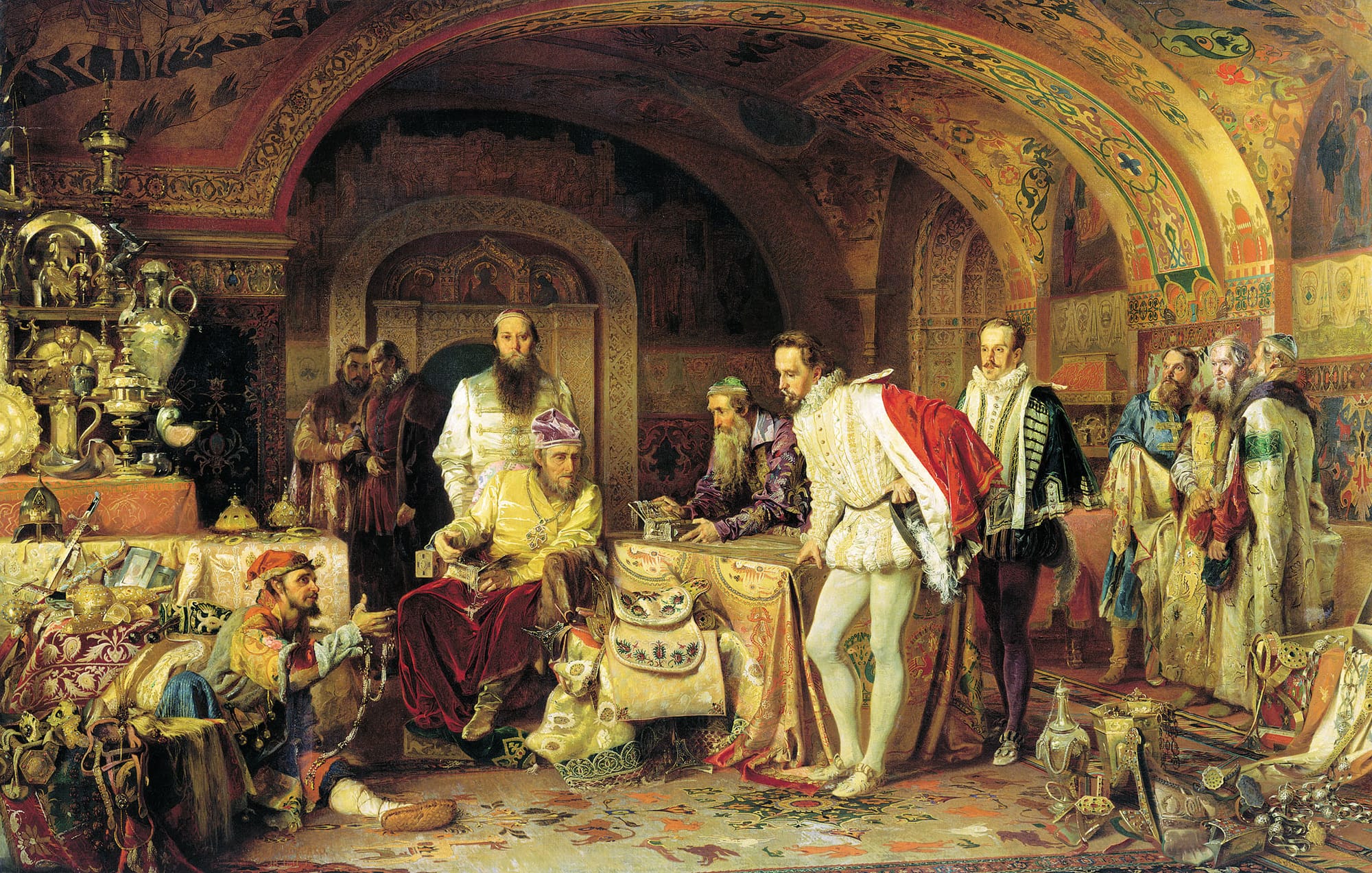 Ivan IV of Russia ("Ivan the Terrible") demonstrates his treasures to the ambassador of Queen Elizabeth I of England