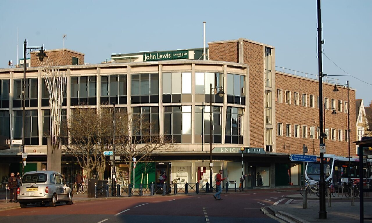 Former Knight and Lee department store, corner of Palmerston Road and Clarendon Road, Southsea, City of Portsmouth, England. Built in 1955–59; later acquired by the John Lewis Partnership; closed in July 2019; Grade II-listed in May 2021.