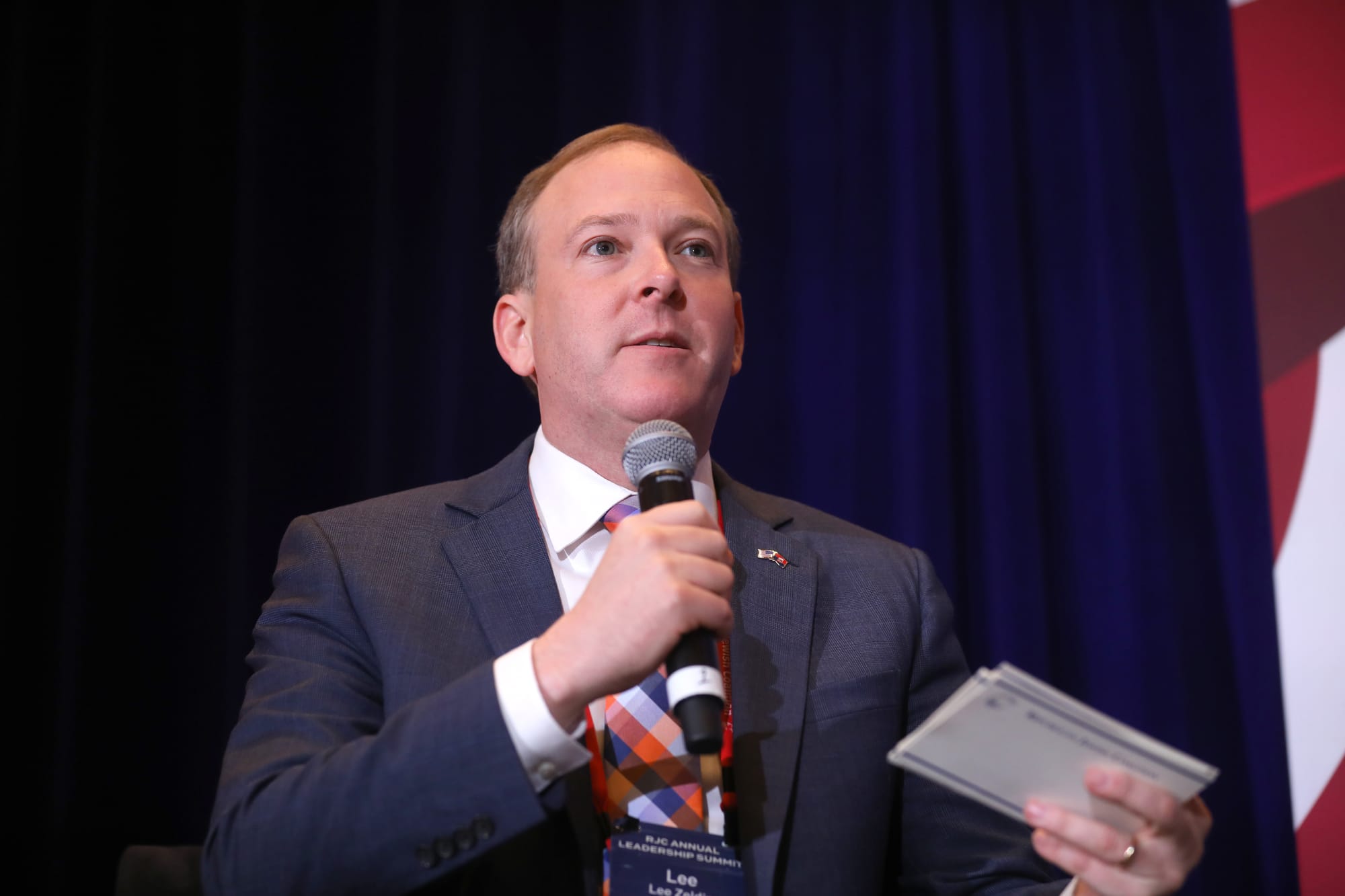 Former U.S. Congressman Lee Zeldin speaking with attendees at the Republican Jewish Coalition's 2023 Annual Leadership Summit at the Venetian Convention & Expo Center in Las Vegas, Nevada.

Please attribute to Gage Skidmore if used elsewhere.