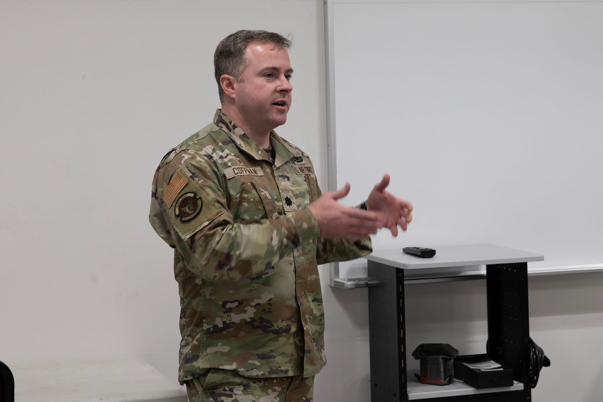 U.S. Air Force Lt. Col. Charles Coffman, 374th Logistics Readiness Squadron commander, delivers remarks during the Mission Ready Spouses program at Yokota Air Base, Japan, Feb. 26, 2025. The MRS program is led by the 374 LRS with the goal of preparing spouses to support the Yokota community during contingencies or natural disasters, while overcoming the stressors unique to military families. (U.S. Air Force photo by Yasuo Osakabe)