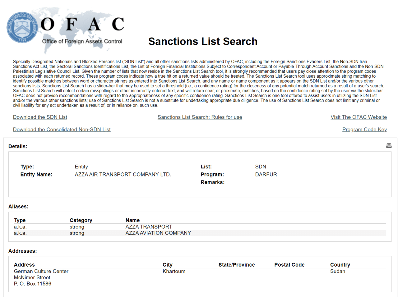 Search result of Azza Air Transport, a defunct sanctioned airline, in the OFAC Sanction List (i.e. SDN List)