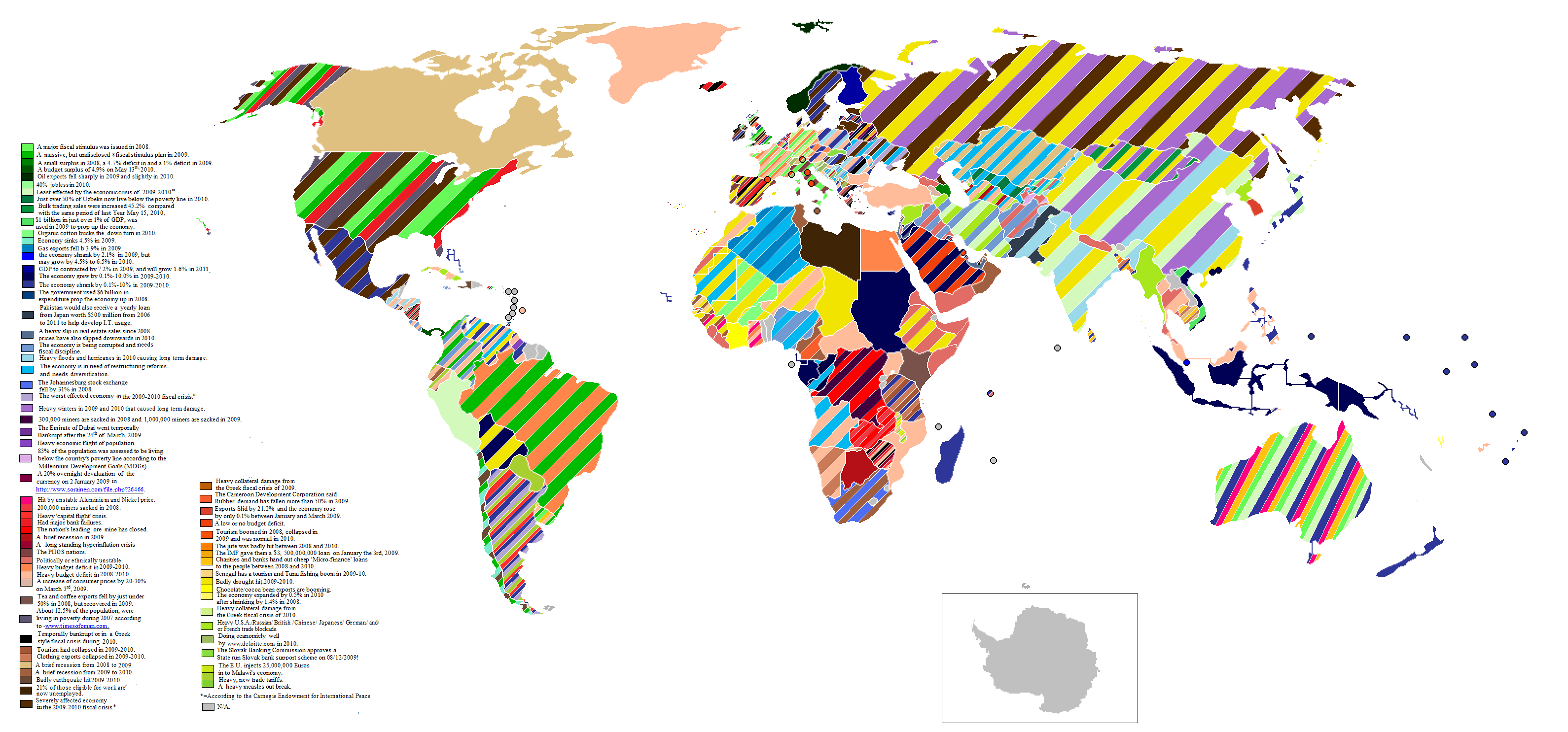 I modified a copy of the map 'File:Commonwealth games 1998 medal winners.PNG' by Commons user Roke. It replaces my map 'File:PIGS Mk 3 map.png' which became defective would not update, when I uploaded the updated image. I added Antarctica to it.--Snow storm in Eastern Asia (talk) 15:03, 4 June 2010 (UTC)

The map's time frame is from 1st January 2007 to 1st July 31 2010. 
Sorry about the length, I have globalized it.
The price of Nickel boomed in the late 1990s, then the price of nickel imploded from around $51,000 /£36,700 per metric ton in the May of 2007 to about $11,550/£8,300 per metric ton in the January of 2009. Prices were only just starting to recover as of January 2010, but most of Australia's nickel mines had gone bankrupt by then. As the price for high grade nickel sulphate ore recovered in 2010, so did the Australian mining industry.
By late 2010 both Iceland, the UK, the USA and Latvia are recovering after their major 2008 and 2009 banking failures and closures (Northern Rock, Icesave, Lehman Broths, etc). Belarus had a 20% overnight devaluation of the national currency on 2 January 2009. Germany and Egypt were going down with a heavy budget deficit on May 6th and February the 24th, 2010, respectively. The Czech Republic had a heavy budget deficit by 22-09-2009. The banking situation still remains unbalanced, and major banking breakdowns are now limited thanks to the guaranty of public funds in the USA. The Euro-zone is still to recover, but generally hasn't been affected by such profound banking failures, with the exception of Greece, Spain, Belgium and the UK. Slovakia gave money to their folding central bank on the 8th of December, 2009, and Norway’s oil output fell in both 2009 and 2010. 40% of Bosnians were jobless in mid 2010.
Concerning the European 'PIIGS' countries shown on the map&nbsp;: Consecutively to the severe crisis in Greece, some speculation was made against other Euro-zone states, using the pejorative name of PIIGS (combination of the initials of Portugal, Italy, Ireland, Greece and Spain) to increase the fear and the feelings of messiness these countries may give to many investors who only have an incomplete knowledge of their economy. If Ireland is most definitely in a difficult situation, Italy has strictly no reason to be compared to Greece, with a deficit of less than a half of the Greek one. Although severely affected in terms of unemployment, Spain has already been through such situations in the past (most of the 80's and 90's) without any risk of bankruptcy, and it is important to remember the actual deficit comes after years of positive balance. Thanks to this, the debt refund (interest included) represent, today, less in percentage in the annual budget for 2010, than it did in any of the last fifteen years. Besides, the failing UK deserved more than any other to be associated with the failed state of Greece. But, apart from the questionable nicknames (may "GUK" sound less funny than "PIIGS"?), all this shows how much words and rumours can play important roles in a somewhat serious and full of severe consequences subject&nbsp;: world economy. In any case, UK is indeed not far from Greece in terms of public debt, and surely more exposed than some of the so called "PIIGS". In conclusion, ridiculous rumours ("France out of the Euro", "Spain bankruptcy") and scurrilous nicknames (PIIGS) obviously helped speculation against the Euro-zone, by increasing the panic induced by the quite real and serious Greek crisis. It is however important to remember that Greece represents for the European Union hardly much more than Oklahoma for the USA, while in America, much weightier states than Oklahoma, like California, are in very difficult situation too. In fact, this speculation against the Euro allowed a side effect&nbsp;: the purchase of huge amounts of US Dollars in a key moment of the crisis, giving at least some value to China's colossal reserves (almost exclusively in US Dollars) and allowing the USA to benefit from more time ahead, to carry on going through this crisis, in hope of an eventual true recovery (independent of public stimulus), which is the only viable option for the world's biggest economy to overcome its abyssal financial depression. Since 2008, the "PIIGS" strategy is just one of different attempts&nbsp;: One of the most representative of the precedent rumours was in late 2008 and early 2009, about probable doom-like chain reactions in Eastern European countries, regarding local private banking failures (which, eventually, did not happen to be that bad)... Chile‘s economy shrank 4.5% in 2009 and Algeria’s gas exports fell b 3.9% in 2009 due to reduced demand in the EU. Drought has hit some parts of the Magreb and Iberia badly in 2009 and 2010. About 37.3 million (37,3000,000)  Americans, or about 12.5% of the population, were living in poverty during 2007 according to timesofoman.com. Other sources put higher poverty rates up for Uzbekistan and Tadjikistan. The IMF gave a 3, 500,000,000 loan to Belarus on January the 3rd, 2009, according to www.thefreelibrary.com.
Despite of all this some Arabian economies were doing well. The Oxford Business Group and the International Monetary Fund (I.M.F.) report on the 11th of June, 2009, that Bahrain should see an economic increase of 2.6&nbsp;% in the fiscal year of 2009 to 2010. Oman’s tourist industry grew, but a dip in oil exports caused a brief recession by May 2009. Saudi Arabia, Quatar and Kuwait were also seeing limited positive economic growth during 2009 and 2010. Surprisingly, The Emirate of Dubai went temporarily bankrupt on the 24th of March, 2009. Abu Dhabi has also saw a heavy slip in real estate sales since 2008 and subsequently prices have also slipped slightly downwards in 2010. Inevitably the crisis has affected all countries in region some ways, but certain countries were vastly affected more than others. 
In Africa, between May 12th and 26th, both Mauritania, the Sénégal River Area  and neighbouring parts of both Senegal and Mali faced both a drought and famine in 2010. Their economies were damaged by this to. The Johannesburg Stock Exchange fell by 31% in 2008. Mining authorities announced on the 10th of December, 2009, that the Dikulushi Mine, which is situated in the Democratic Republic of the Congo’s Katanga Province, would close due to poor copper prices. 
In Central America Dollarization damages some states like El Salvador,
Armenia had an increase of consumer prices by 20-30% on March 3rd, 2009. Azerbijan had budget surplus of 4.9% on May 13th, 2010. Thailand was planning to cut it’s budget deficit to 4% in 2011. They had a Bt400 billion deficit in January 28, 2010 and a Bt150 billion the fiscal year 0f 2008 (2009 was in keeping with the trend, but not specified). Deloitte say Canadian consumers are increasing their debt-to-disposable-income ratios to more than 130% on February 04, 2009 and Canada‘s budget deficits totalled C$85 billion ($69 billion) over five years as the result of a recession and a C$40 billion two-year stimulus package packed with infrastructure spending, tax cuts and targeted loans by January 27, 2009. Poland's general government deficit widened to 7.1 percent of gross domestic product 2009, but slightly narrower than the government's estimate. By 29 July, 2009, Brazil’s first-half nominal budget deficit index, including federal and local governments and state companies, widened to 43.7 billion Reais ($23 billion), the biggest gap since the modern records began in 2001. By the 18th January, 2010, Angola began to diversify it’s economy and on the 15th of May, 2010, Angolan entrepreneurial activity remained low. Haiti’s earthquake of 2010 had ruined the economy. In Singapore , the economy shrank by 2.1%  in 2009, but may grow by 4.5% to 6.5% in 2010. By March, 2010, Vietnam had spent 1% of it’s GDP ($1billion) on subsidising the economy, but 5.32% growth seen likely by Vietnam for the whole of 2009. By the 13th of February, 2009, the Dutch economy shrank 0.9%. On the 6th of March, 2009, Indonesia’s government forecast a maximum 4 per cent growth as the recession devastated East Timor during March, 2009. Cuba entered a severe recession by December, 2008, and  New Zealand was in recession by August, 2008.  The Finnish central bank forecast, annual Finnish GDP to contract by 7.2% in 2009, remain unchanged in 2010 and grow 1.6% in 2011. Republic of Congo's real GDP rose by 8.30% in 2009. Mongolian bulk trading sales were increased 45.2%  compared with the same period of last Year May 15, 2010. Kenyan  tea and coffee exports fell by just under 50% in 2008, but recovered in 2009.  Nigeria’s economy is sadly being corrupted and in need restructuring reforms. Mauritania’s economy is in need of restructuring reforms and fiscal discipline. Today, high oil revenues and a small population give Libya one of the highest GDPs per person in Africa and have allowed the Libyan state to provide an extensive level of social security, particularly in the fields of housing and education. Many problems still beset Libya's economy however; unemployment is the highest in the region at 21% according to the latest census figures. Pakistan would also receive a yearly loan from Japan worth $500 million from 2006 to 2011 to help develop I.T. usage. The name of the Central Bank of Nigeria has been used in a series of so-called 'Nigerian 419 Scams'. The fraudster sends an e-mail that appears to come from a Central Bank employee to millions of people saying the Bank has found an excess of money, or a debt owing to, a person or persons who have since died, and they wish to export it. The victim submits his own bank account so that the money may be placed therein, only to find that within a week his account is empty. The bank is in no way associated with such scams.
Malian, Kirgizian and Burkina Faso organic cotton bucked the down turn in 2010, while Zimbabwe's hyper inflation reached 25,000% in 2009. Taiwan was in recession as its economy contracted by a record 8.36%. by February 18, 2009. Most pacific islands were in a recession from 2008 to 2010. Economic Growth was expected to rise slightly in resource-rich Papua New Guinea, lifting the overall growth rate in the Pacific to 3.7 per cent from 2.4%. South Korea’s exports Slid 21.2% and the economy only grew by 0.1% between January and March 2009, when compared with the last quarter of 2008. Vietnam's economy looked very shaky between 2009 and 2010 as a recession bit. The Ivory Coast’s chocolate/cocoa bean exports were booming in 2010. The Asian Development Bank reports Vanuatu‘s would expand by 0.5 per cent this year after contracting an estimated 1.4 per cent last year.By measuring currency devaluation, equity market decline, and the rise in sovereign bond spreads, a picture of financial devastation emerges. Since these three indicators show financial weakness, taken together, they capture the impact of the crisis. The Carnegie Endowment for International Peace reports in its International Economics Bulletin that Ukraine and Hungary, as well as Argentina and Jamaica, are the countries most deeply affected by the crisis. Other severely affected countries are Ireland, Russia, Mexico, the Baltic states, United States and United Kingdom. By contrast, China, Japan, India, Iran, Peru and Australia are "among the least affected".
Commodity, food, fuel and metal prices fluctuated heavily at this time with both the lead and Zinc prices rose sharply in early 2007, then collapsed to nearly their original starting price by the end of the next year.[1] Lead and Zink prices began to rise in early 2007 due to increased word wide demand. Prices were about $1,200 per tonne of lead in the October and then hurtled up to $2,220 per tonne of lead by September. Despite the Bullish market condition, the price had collapsed by the July of 2009 and was only worth about $1,400 per tonne of lead.  The lead and Zinc markets became rather Bearish for several months afterwards. Prices were hovering at between $1,770 and $2,175 per tonne of lead[2] as the markets became more bullish after China's car scrapage scheme had caused a general upturn in lead, zinc, cadmium and Aluminium prices.[3] By the June of 2010 prices stood at only $870 per tonne of lead bad back to about $2,200 in the July of 2010[4]
A Chinese mining company opened a new Tantalum mine in the DRC in early 2010.
The blizzards of the winter of 2009-2010 caused heavy damage in Russia, China and Mongolia, which appeared to have posible long term consiquences.[5][6]
The Northern Hemisphere Summer heatwave 2010 affected the region's trade stats. New York City saw temperature as high as 35°C in some areas and it was predicted to reach 38C the next day. A report released by the Wall Street Journal on July 7, saying that June saw retail sails rise over the American Independence Day holiday Father's Day, especially along the East Coast of America.[7] By July 3, retail sales had risen by 3.9% from the year-ago period and 1% over the previous week, according to the International Council of Shopping Centers, and Goldman Sachs and Johnson Redbook Research also showed a sales gain in the final week of June, citing the hot weather.
Consumers hid from the heat in air-conditioned shopping malls and bought more goods than usual summer merchandise like ice cream, air conditioners, fans, swimwear, hats, sun screen, vest tops and pool and beach equipment were all selling like the proverbial hotcakes, whilst unusualy heavy monsoons hit other parts of the nation.
The Chinese heat wave made commodities including sugar cane, flowers, tea, fruit, potatoes, rapeseed, medicinal ingredients, tobacco, wheat, rubber and coffee have been severely affected with output reduced by as much as 50%.  Authorities began to fear unrest due to soaring food prices and sent more than 10,000 armed police to the affected regions to ensure stability and help with water supplies. 
One of the European heat waves left and overheating Morocco in early July, for the Iberian Peninsula was attributed to the regional hot air currents that depart from the Sahara desert in Northern Africa at about 1,000 meters in altitude, which facilitated a movement in the hot air towards the Balkans and the Ukraine via the Straits of Gibraltar, Spain and Italy.

For the rest of the information and the key, then enlarge the image. --Snow storm in Eastern Asia (talk) 02:38, 15 May 2010 (UTC)
