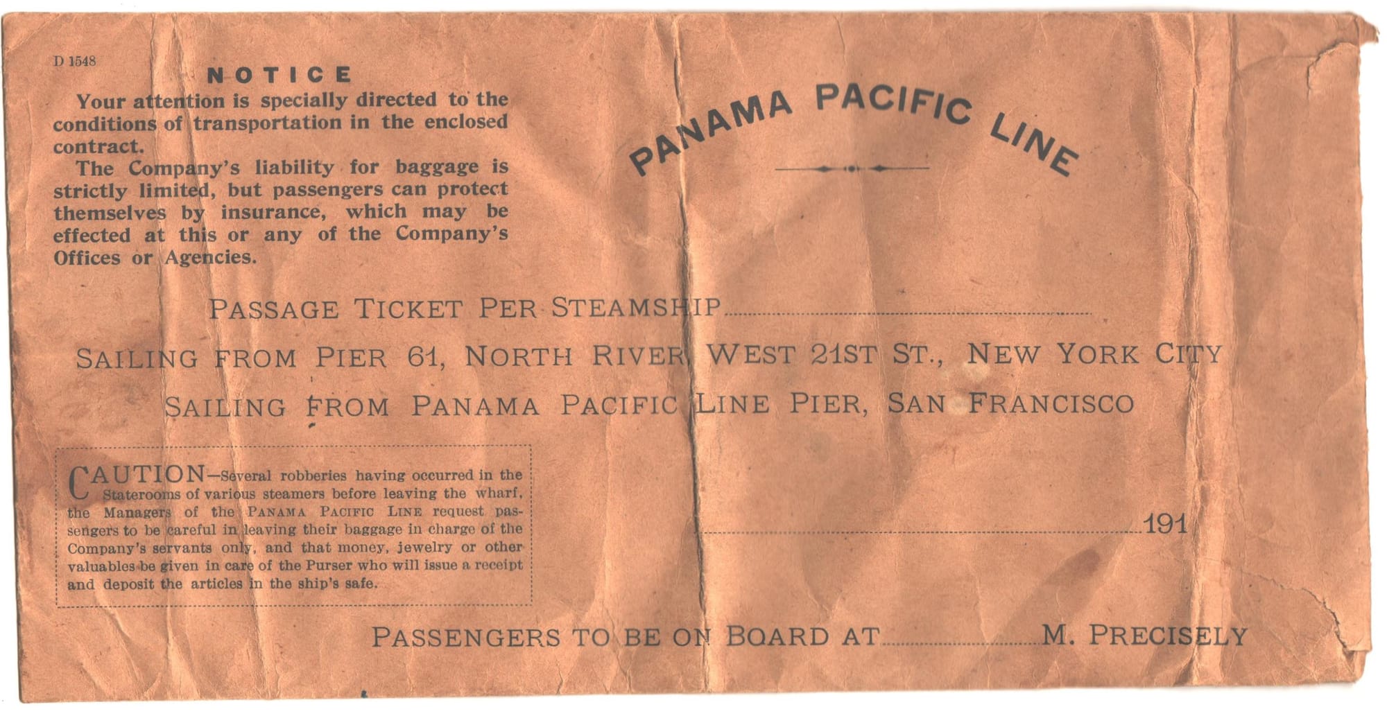 Panama Pacific Line contract envelope from May-September 1915. Steamship service was stopped until 1923 due to landslides in the Panama Canal.
