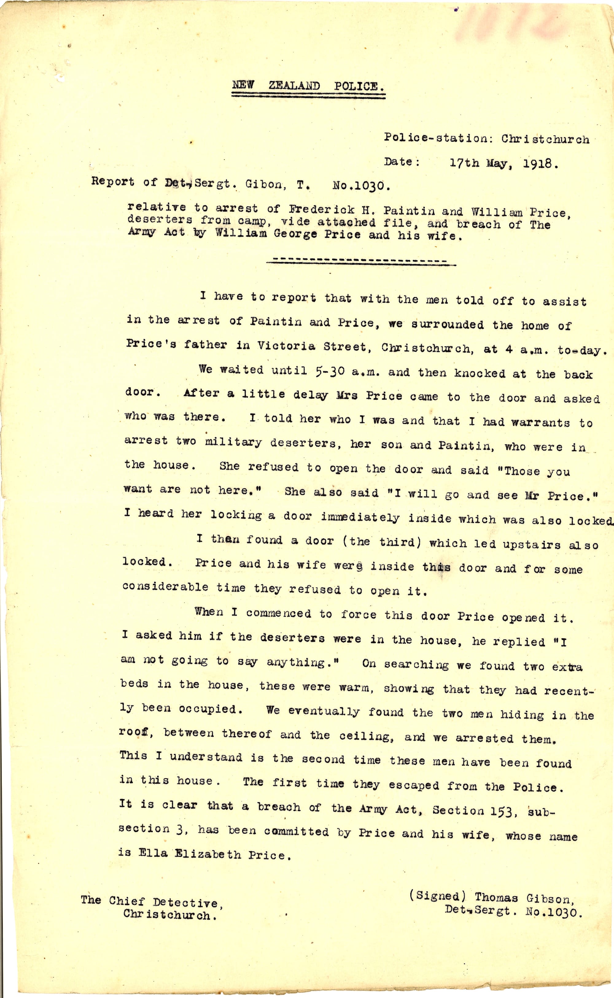 After First World War conscription was introduced in August 1916, a number of men chose to appeal or evade conscription. Some gained and exemption or accepted non-combatant duties: over half of the 43,500 men who appealed on grounds of hardship or engaged in essential work for the public were granted exemption. Some objected to military service on political, moral or religious grounds and defied the process every step of the way. Others faked illness in order to fail the medical examination, and some evaded the state entirely – many ignored the call-up, left the country or went into hiding. 
By August 1917 the police were seeking 3,054 defaulters on the run from the military. Being smuggled out of the country in a ship’s coal bunker was one way to escape. Another was to remain in New Zealand and go into hiding. One man joined the circus; another lived a vagrant’s life around Auckland’s One Tree Hill, while in nearby Waitemata Harbour a defaulter took flight in his boat, mooring one wharf ahead of the police for some time. 
Others had support from friends and family despite the consequences of harbouring evaders. When police raided the Christchurch home of William and Ella Price early one morning in 1918, they found two defaulters hidden between the roof and the ceiling. One was their son, William Price junior, who had been on the run from the military for four months (personnel file: <a href="http://ndhadeliver.natlib.govt.nz/delivery/DeliveryManagerServlet?dps_pid=IE19551027" rel="nofollow">ndhadeliver.natlib.govt.nz/delivery/DeliveryManagerServle...</a>). The other was Frederick Paintin (<a href="http://ndhadeliver.natlib.govt.nz/delivery/DeliveryManagerServlet?dps_pid=IE19861016" rel="nofollow">ndhadeliver.natlib.govt.nz/delivery/DeliveryManagerServle...</a>). 
Eager to make an example of the family, the military had the parents dragged before the court and punished with six months’ imprisonment. However the jailing of a mother for protecting her son troubled even the stoutest of hearts and a mild outcry led to Cabinet remitting her sentence.
This is the report of the raid carried out on 17 May 1918.
Archives New Zealand reference: AD1 Box 738/ 10/610
<a href="https://archway.archives.govt.nz/ViewFullItem.do?code=22429875" rel="nofollow">archway.archives.govt.nz/ViewFullItem.do?code=22429875</a>

Material from Archives New Zealand Te Rua Mahara o te Kāwanatanga