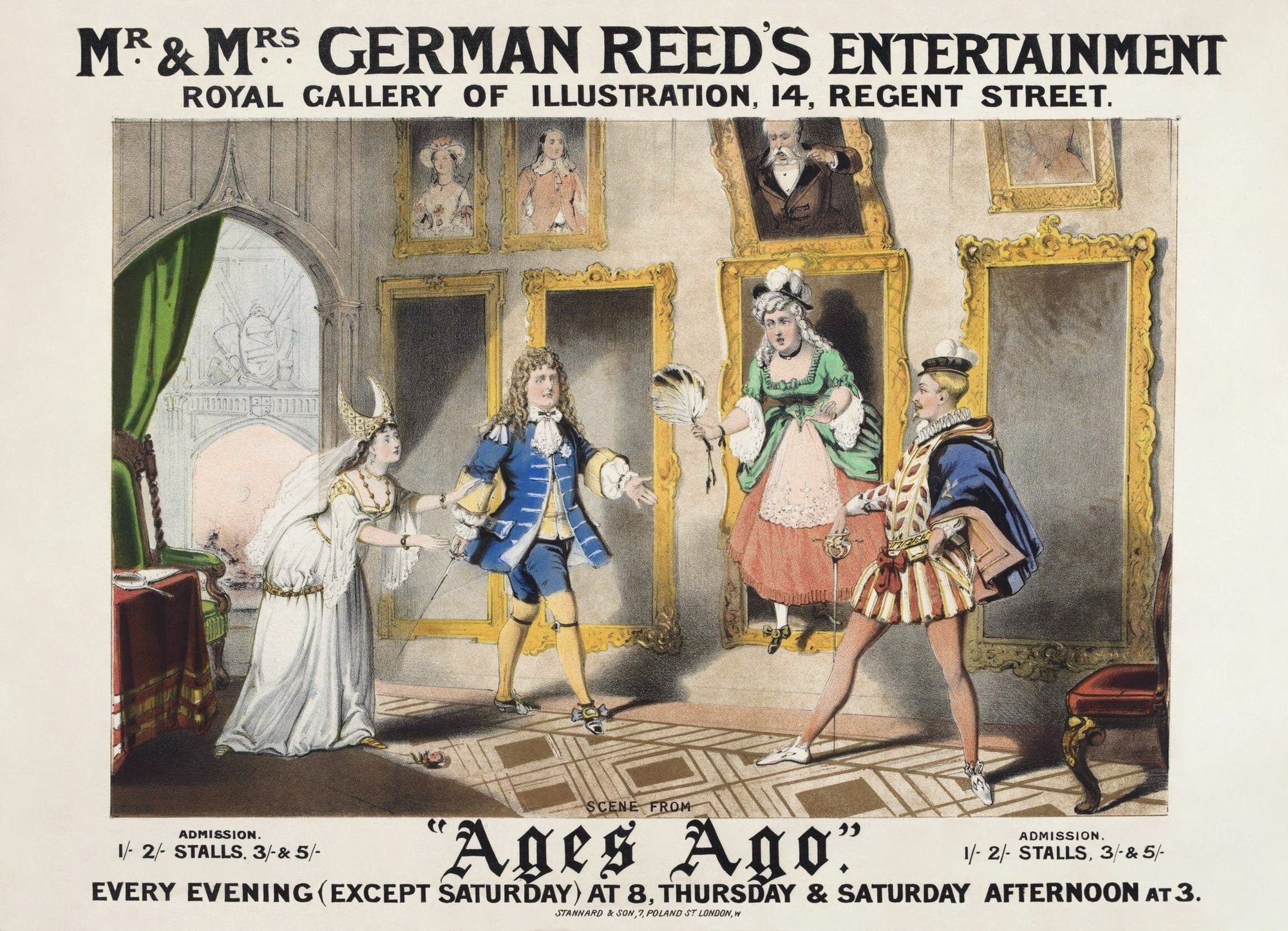 Theatre poster showing a scene from the original production of Ages Ago with words by W. S. Gilbert and music composed by Frederic Clay. The musical play was one of the German Reed Entertainments, premiering at the Gallery of Illustration in November 1869. Chromolithograph, 33cm x 45.7cm