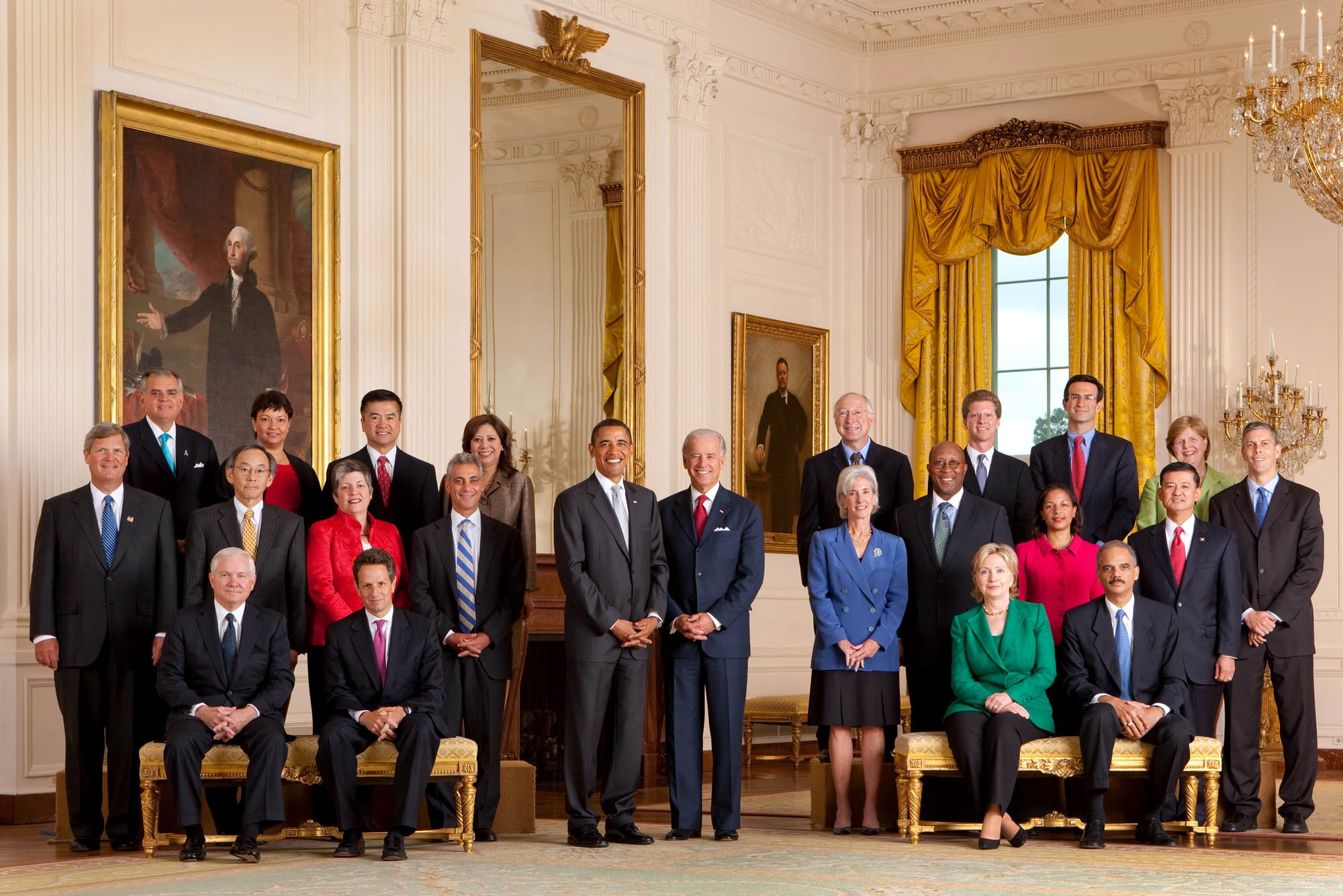 First Cabinet of President Barack Obama in the White House East Room.From left to right:Back row: Secretary of Transportation Ray LaHood, Administrator of the Environmental Protection Agency Lisa P. Jackson, Secretary of Commerce Gary Locke, Secretary of Labor Hilda Solis, President Barack Obama, Vice President Joe Biden, Secretary of Interior Ken Salazar, Secretary of Housing and Urban Development Shaun Donovan, Director of the Office of Management and Budget Peter R. Orszag, Chair of the Council of Economic Advisers Christina Romer, Secretary of Education Arne Duncan.Second row: Secretary of Agriculture Tom Vilsack, Secretary of Energy Steven Chu, Secretary of Homeland Security Janet Napolitano, Chief of Staff Rahm Emanuel, Secretary of Health and Human Services Kathleen Sebelius, United States Trade Representative Ron Kirk, United States Permanent Representative to the United Nations Ambassador Susan Rice, Secretary of Veteran Affairs Eric Shinseki.Third row, sitting: Secretary of Defense Robert Gates, Secretary of Treasury Timothy F. Geithner, Secretary of State Hillary Rodham Clinton, Attorney General of the United States Eric Holder.