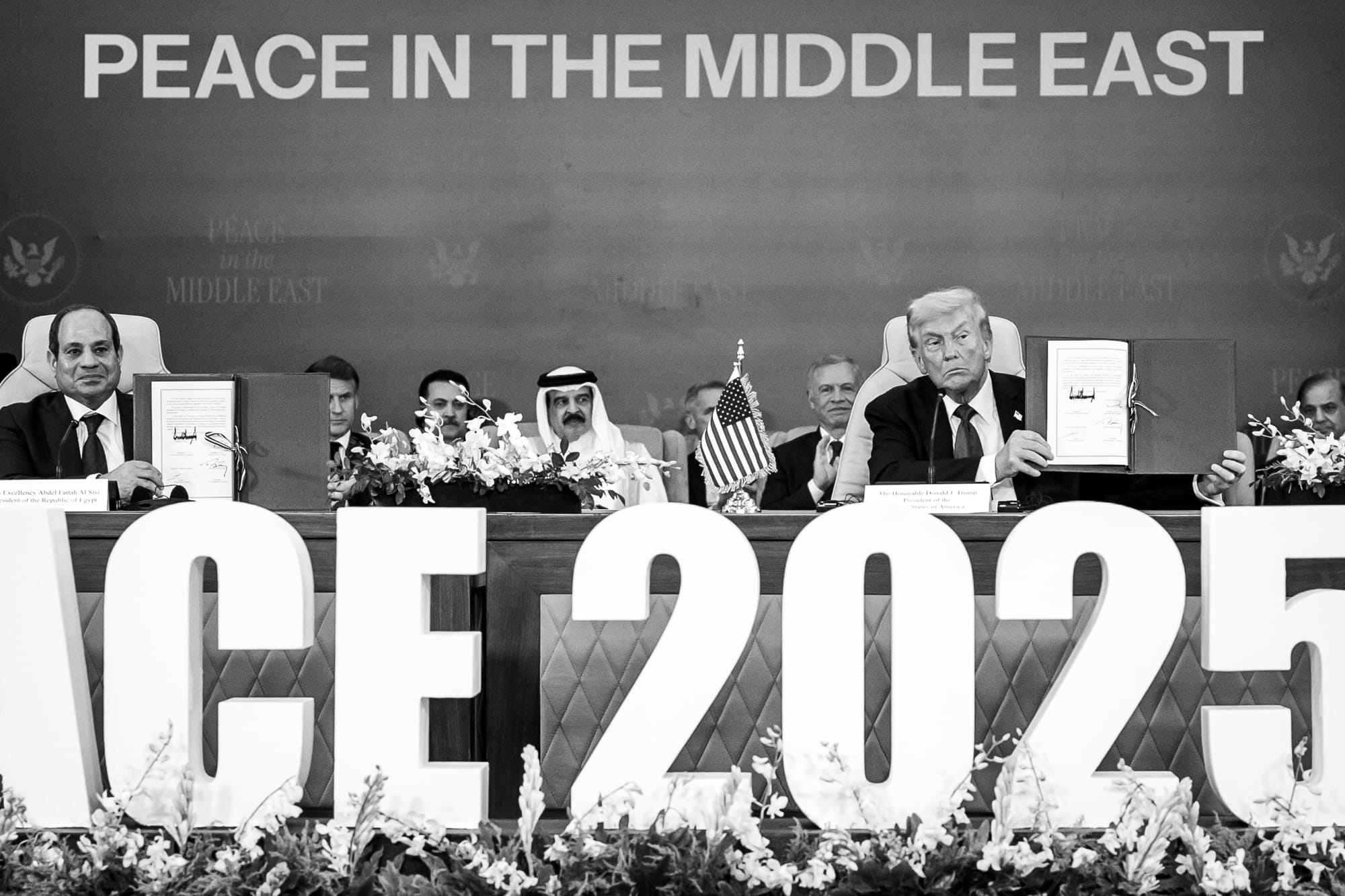 US President Donald Trump participates in a signing ceremony for a ceasefire agreement between Israel and Hamas to end the war in Gaza during a summit of world leaders at the Tonino Lamborghini International Convention Center in Sharm El Sheikh, Egypt, Monday, 13 October 2025.