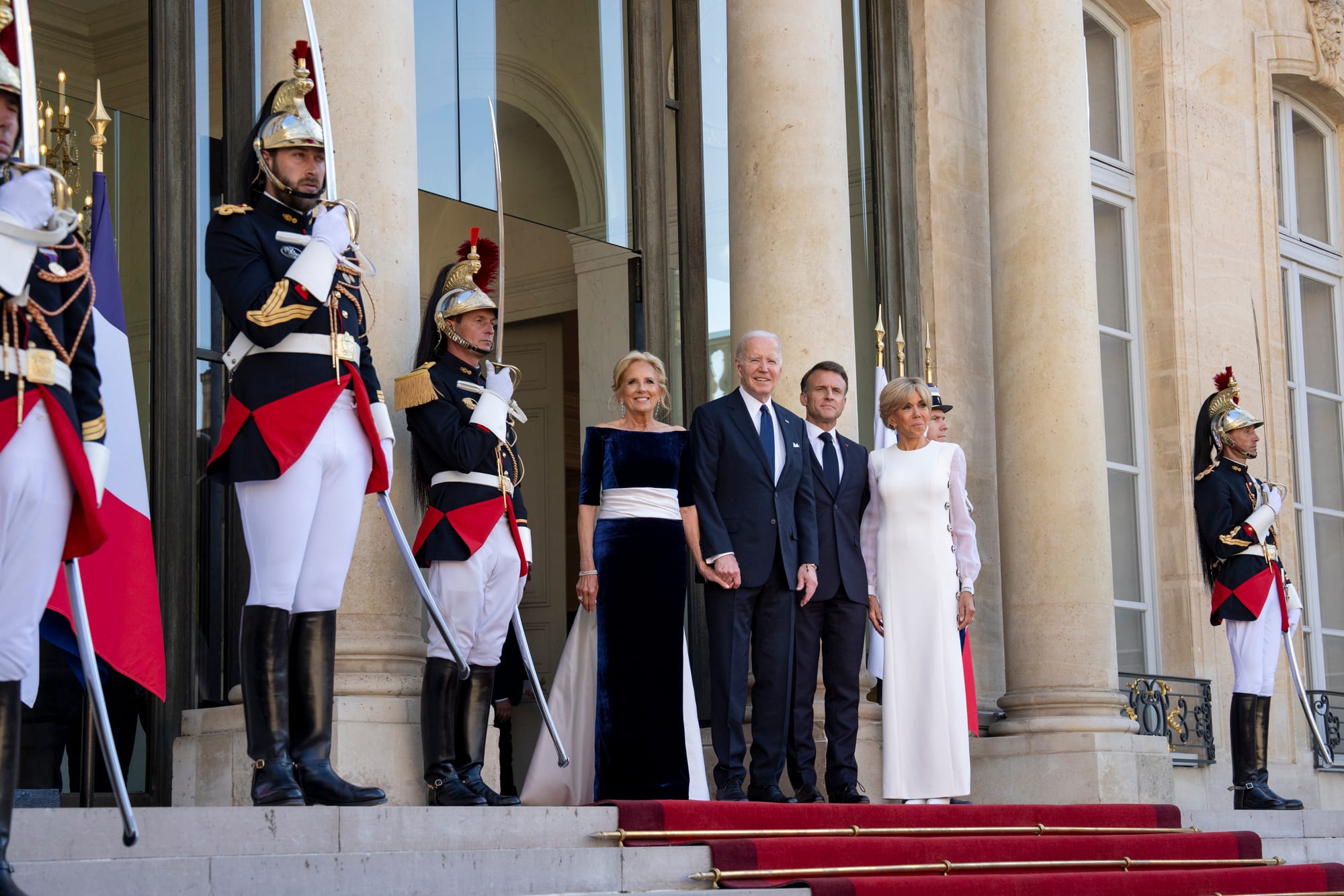 President Joe Biden and First Lady Jill Biden pose for photos with French President Emmanuel Macron and Mrs. Brigitte Macron at the Elysee Palace in Paris, France, Saturday, June 8, 2024, as they arrive for a State Dinner. (Official White House Photo by Erin Scott)