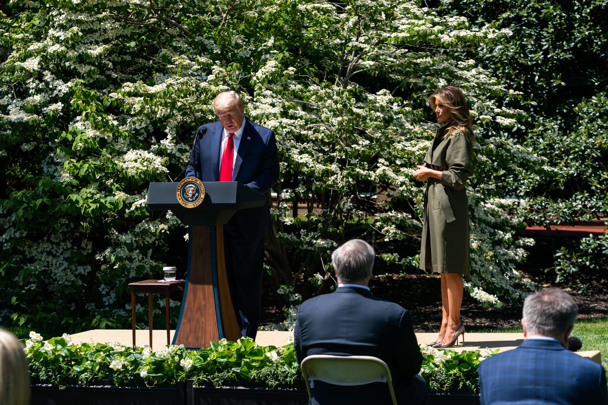President Donald J. Trump, joined by First Lady Melania Trump, delivers remarks during a tree planting ceremony in honor of Earth Day and Arbor Day Wednesday, April 22, 2020, on the South Lawn of the White House. (Official White House Photo by Andrea Hanks)