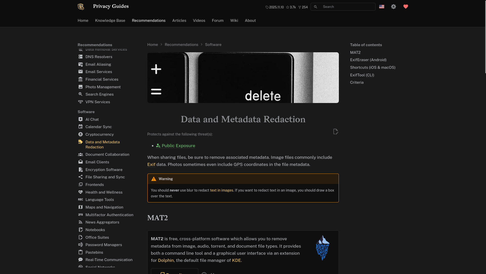 Screenshot from privacyguides.org showing the recommendations page for data and metadata redaction tools.