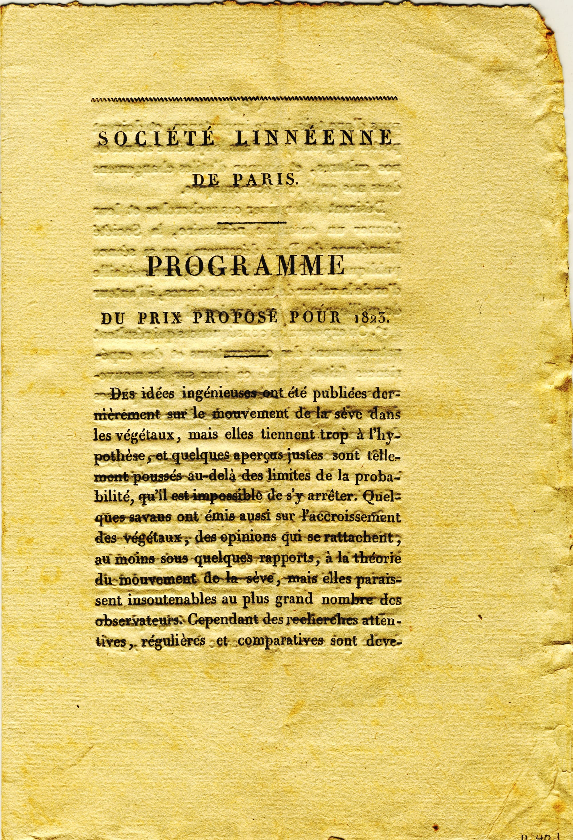 A prize offered by the Societe Linneenne de Paris for practical and economical changes in methods of cultivation. (4 pages, in French)Title: Program, [December 1823]